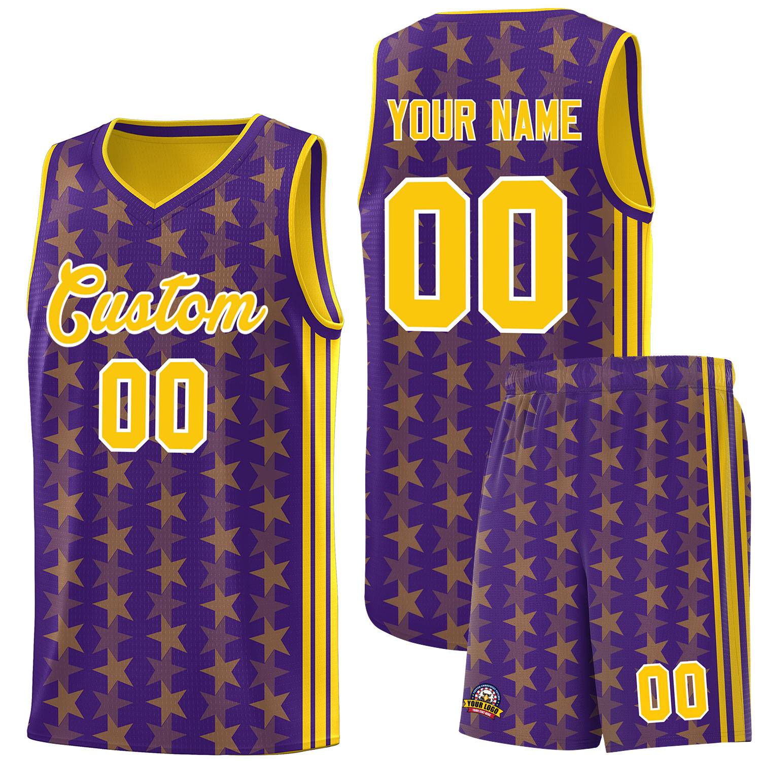 Custom Purple Gold Star Graffiti Pattern Sets Sports Uniform Basketball Jersey