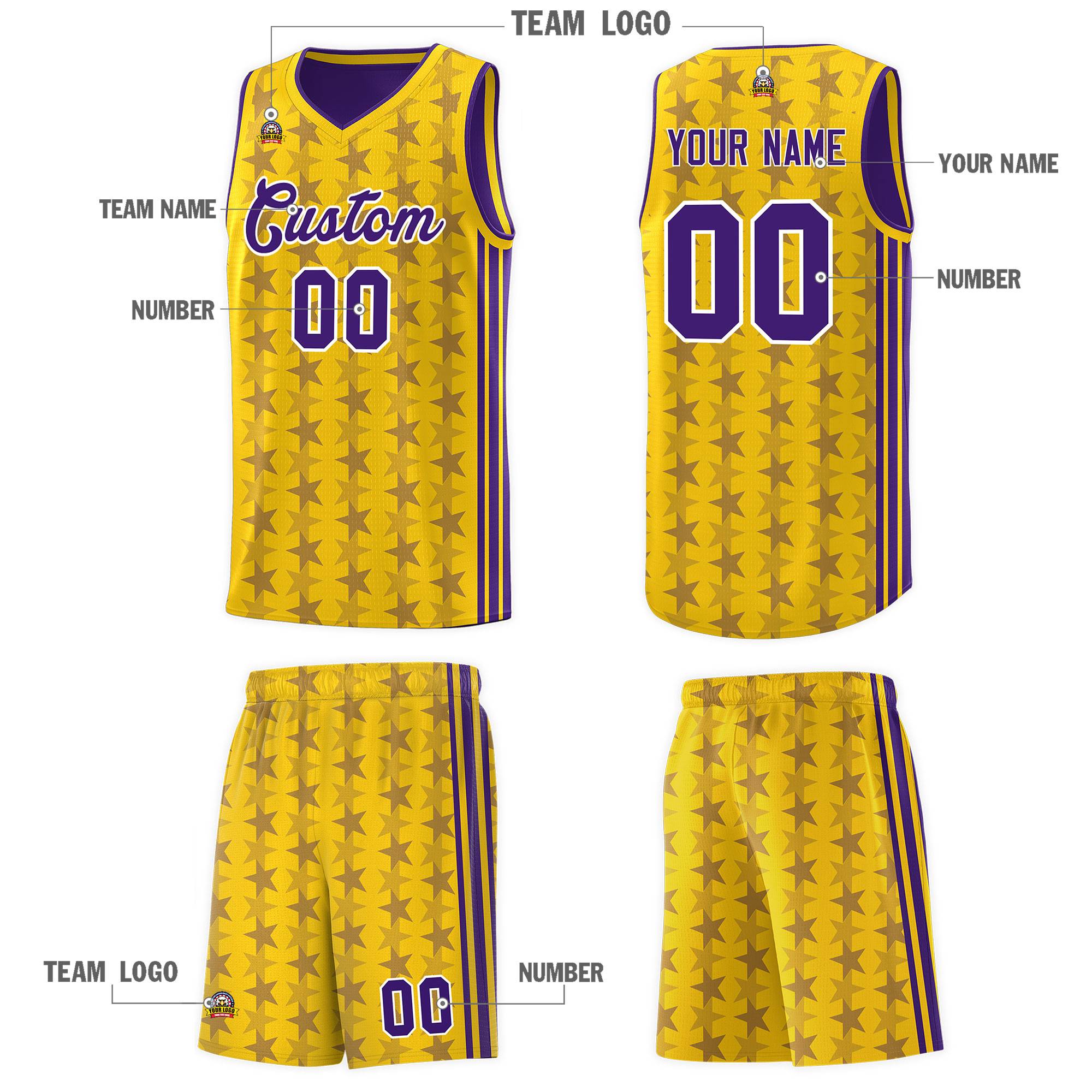 Custom Gold Purple Star Graffiti Pattern Sets Sports Uniform Basketball Jersey