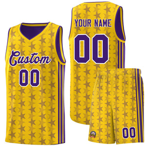 Custom Gold Purple Star Graffiti Pattern Sets Sports Uniform Basketball Jersey