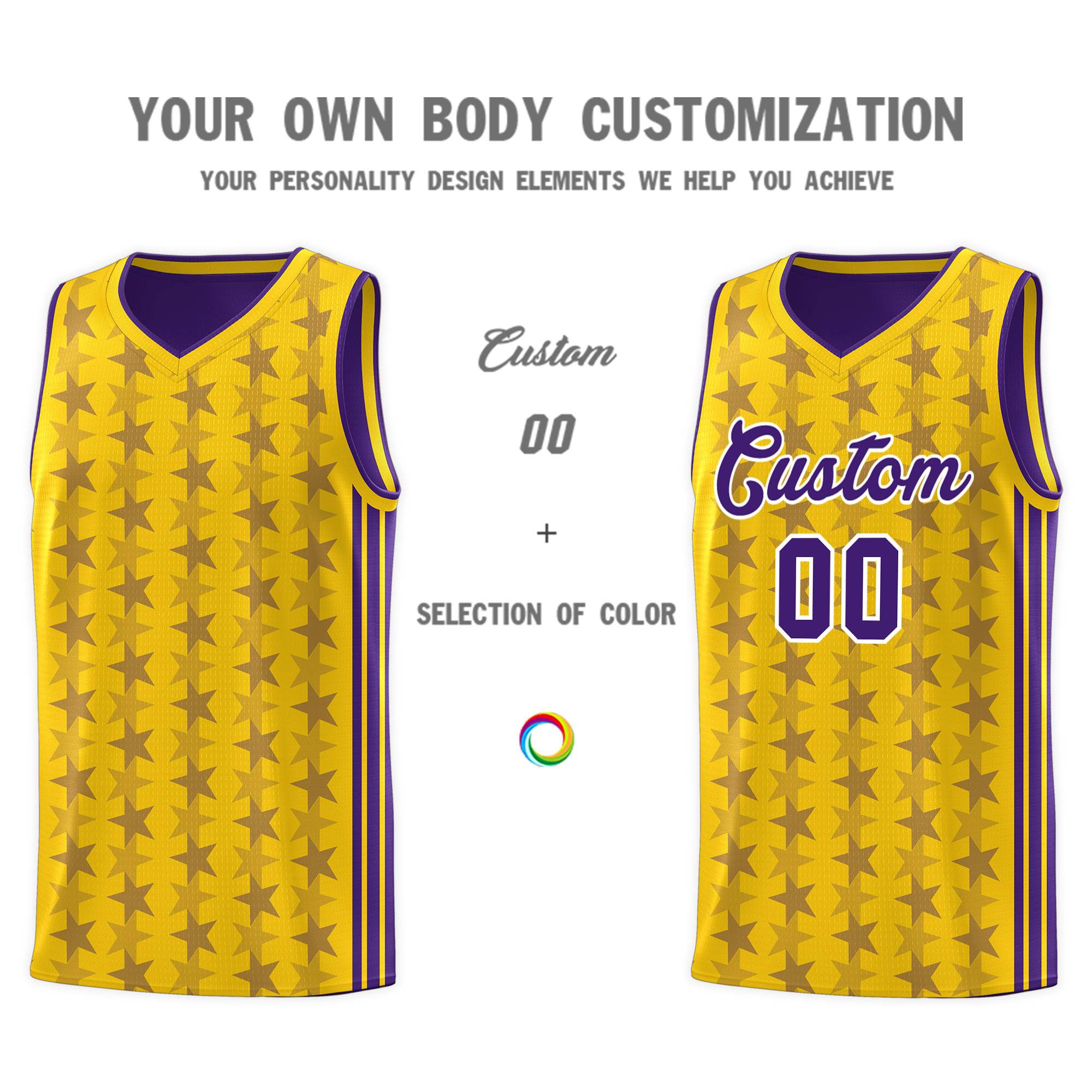 Custom Gold Purple Star Graffiti Pattern Sets Sports Uniform Basketball Jersey