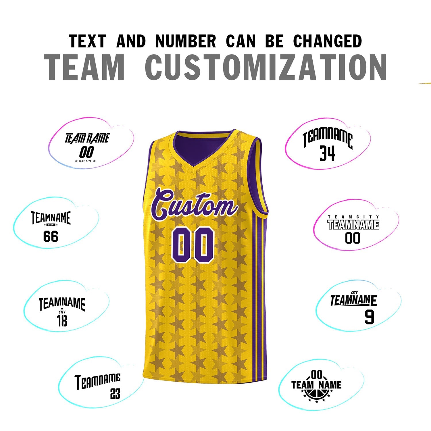 Custom Gold Purple Star Graffiti Pattern Sets Sports Uniform Basketball Jersey