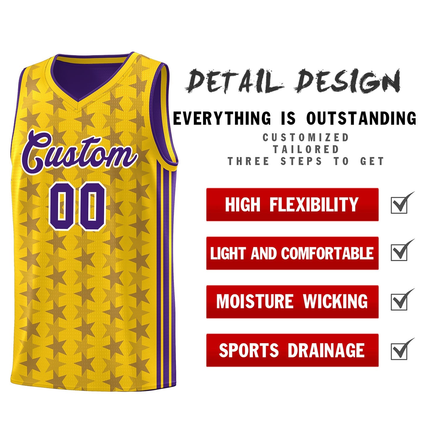 Custom Gold Purple Star Graffiti Pattern Sets Sports Uniform Basketball Jersey