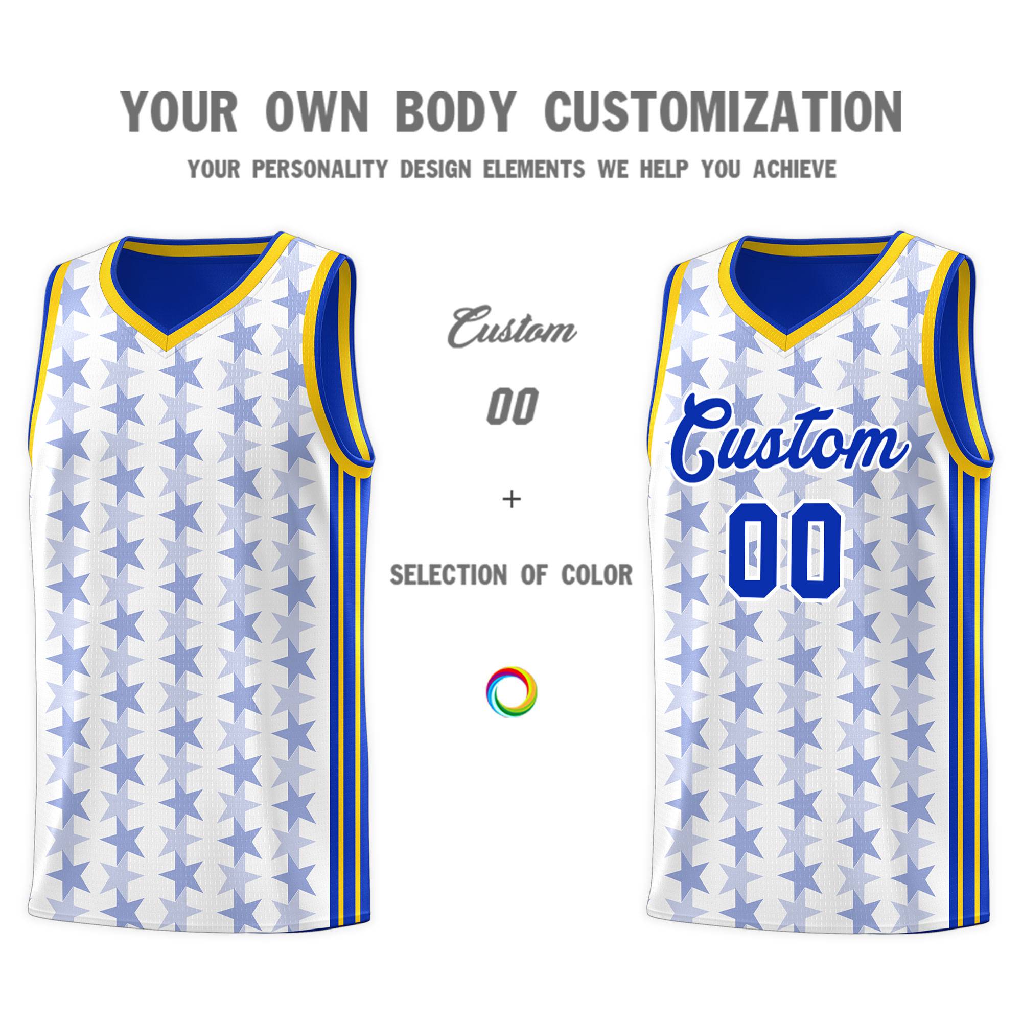 Custom White Royal Star Graffiti Pattern Sets Sports Uniform Basketball Jersey