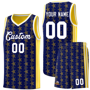 Custom Navy Gold Star Graffiti Pattern Sets Sports Uniform Basketball Jersey