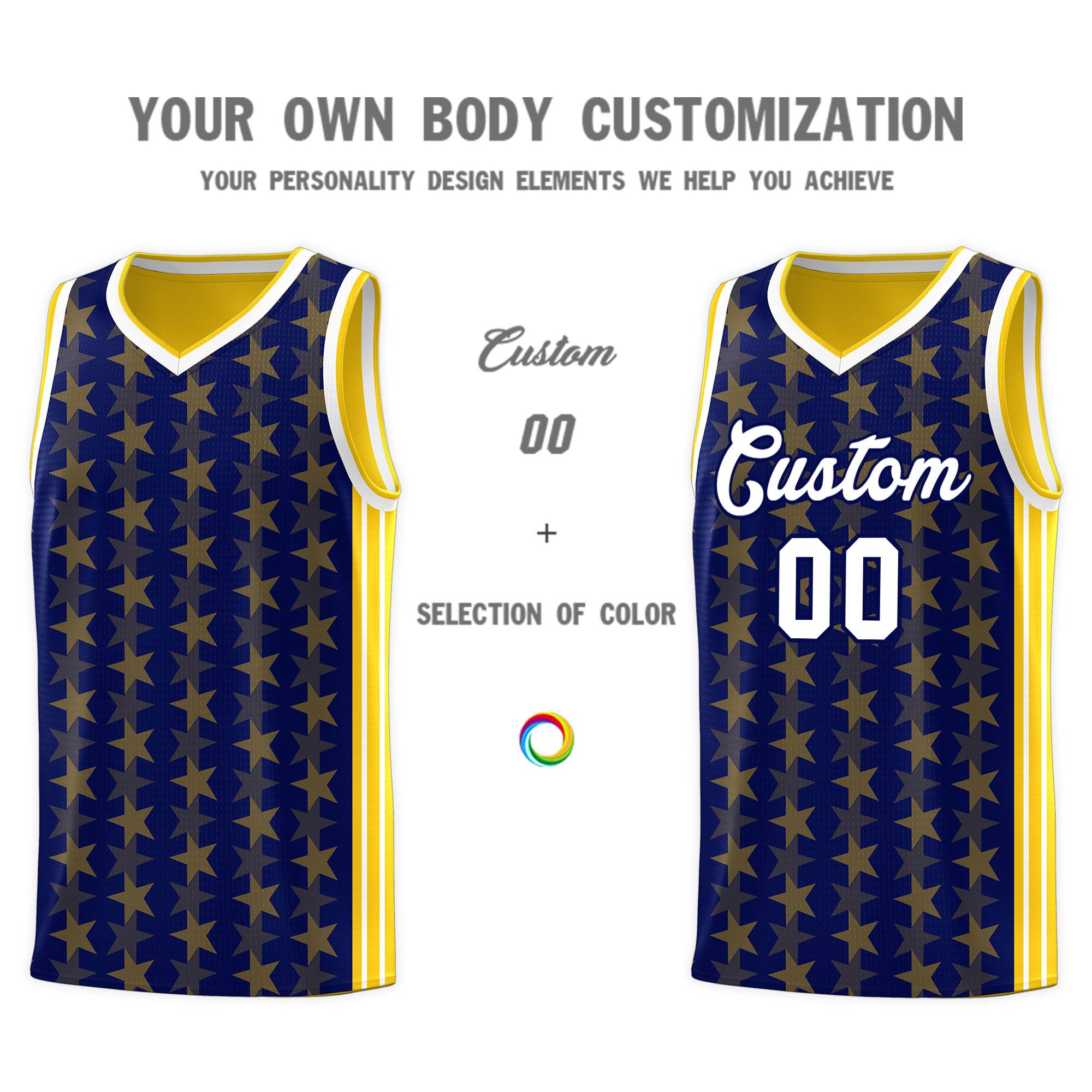 Custom Navy Gold Star Graffiti Pattern Sets Sports Uniform Basketball Jersey