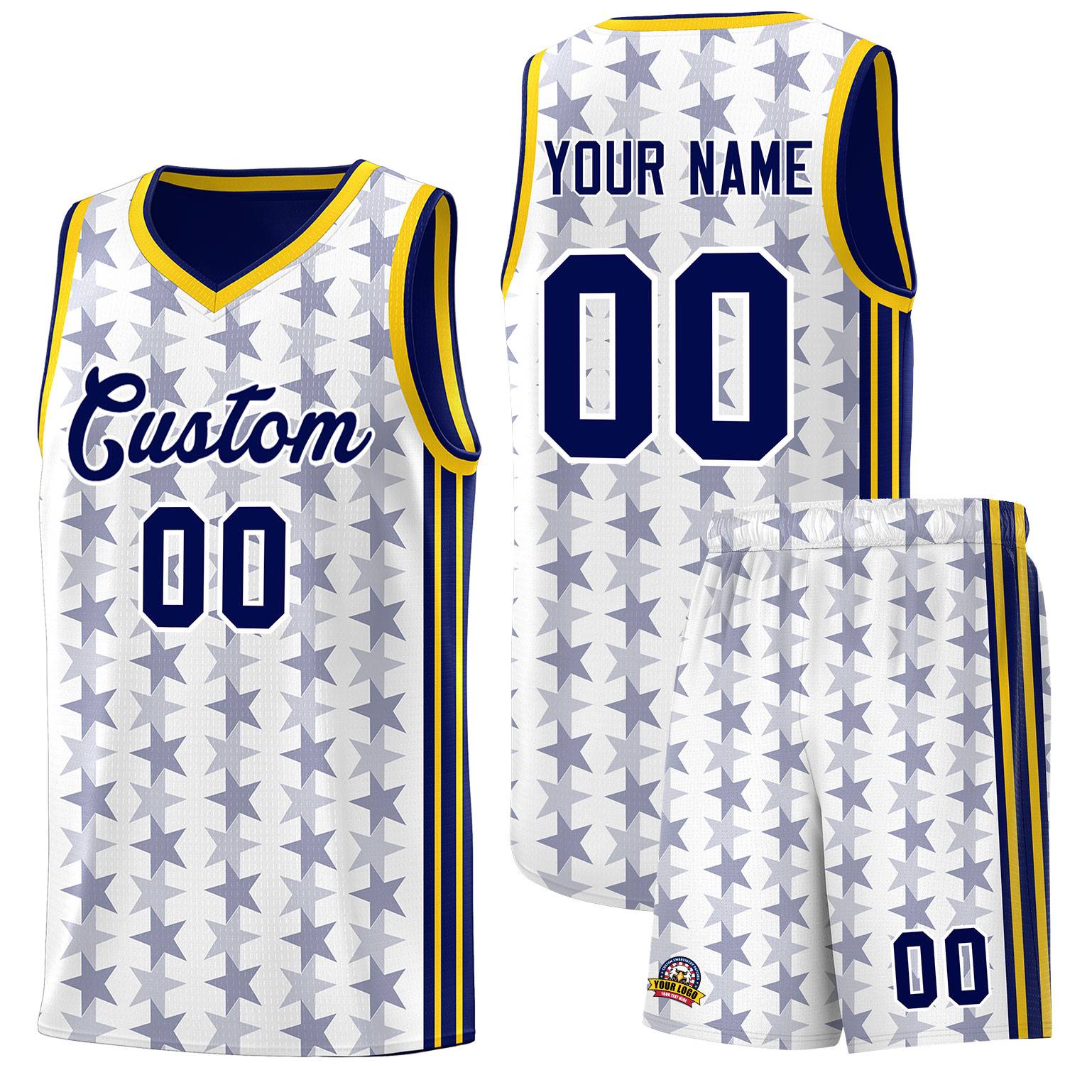 Custom White Navy Star Graffiti Pattern Sets Sports Uniform Basketball Jersey