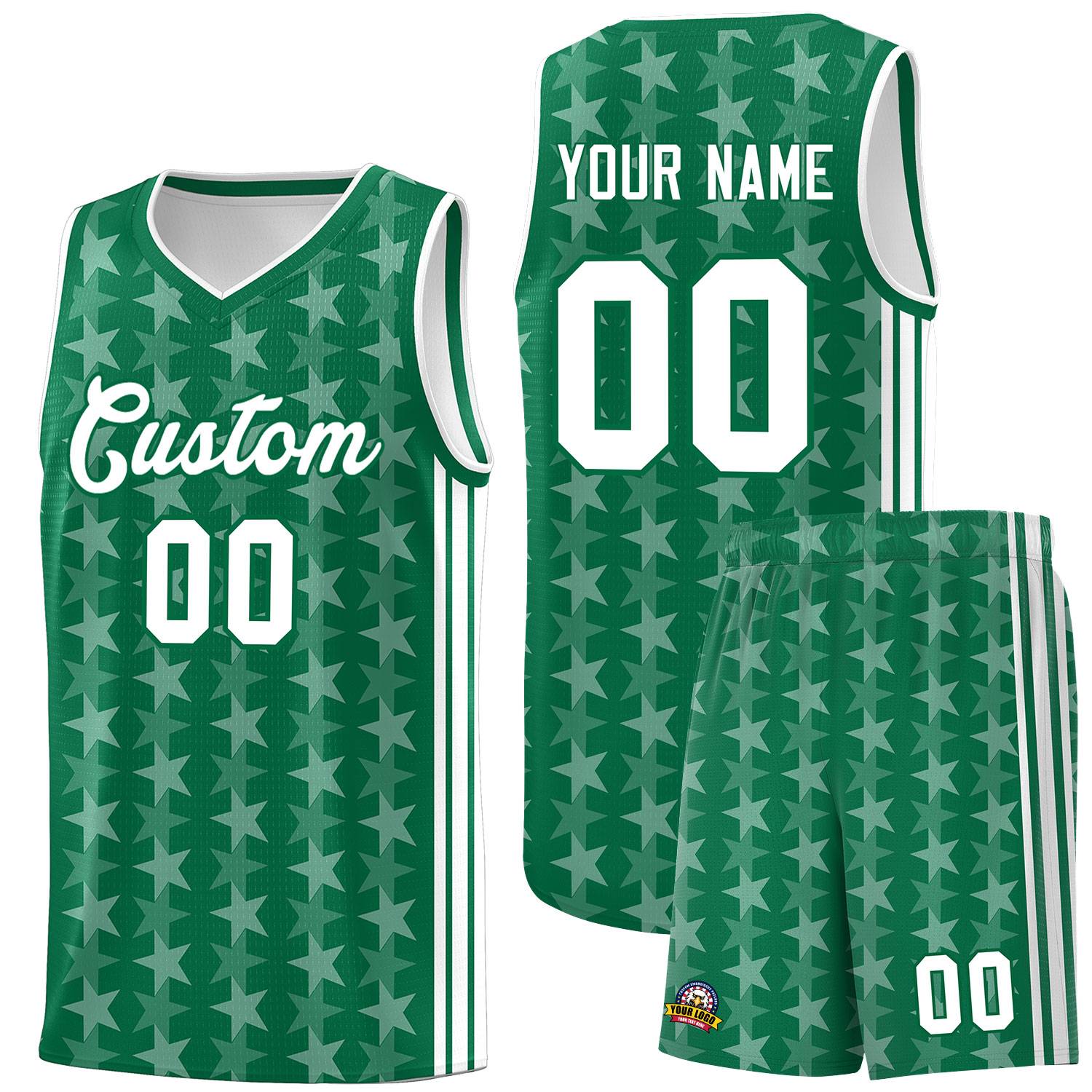 Custom Kelly Green White Star Graffiti Pattern Sets Sports Uniform Basketball Jersey