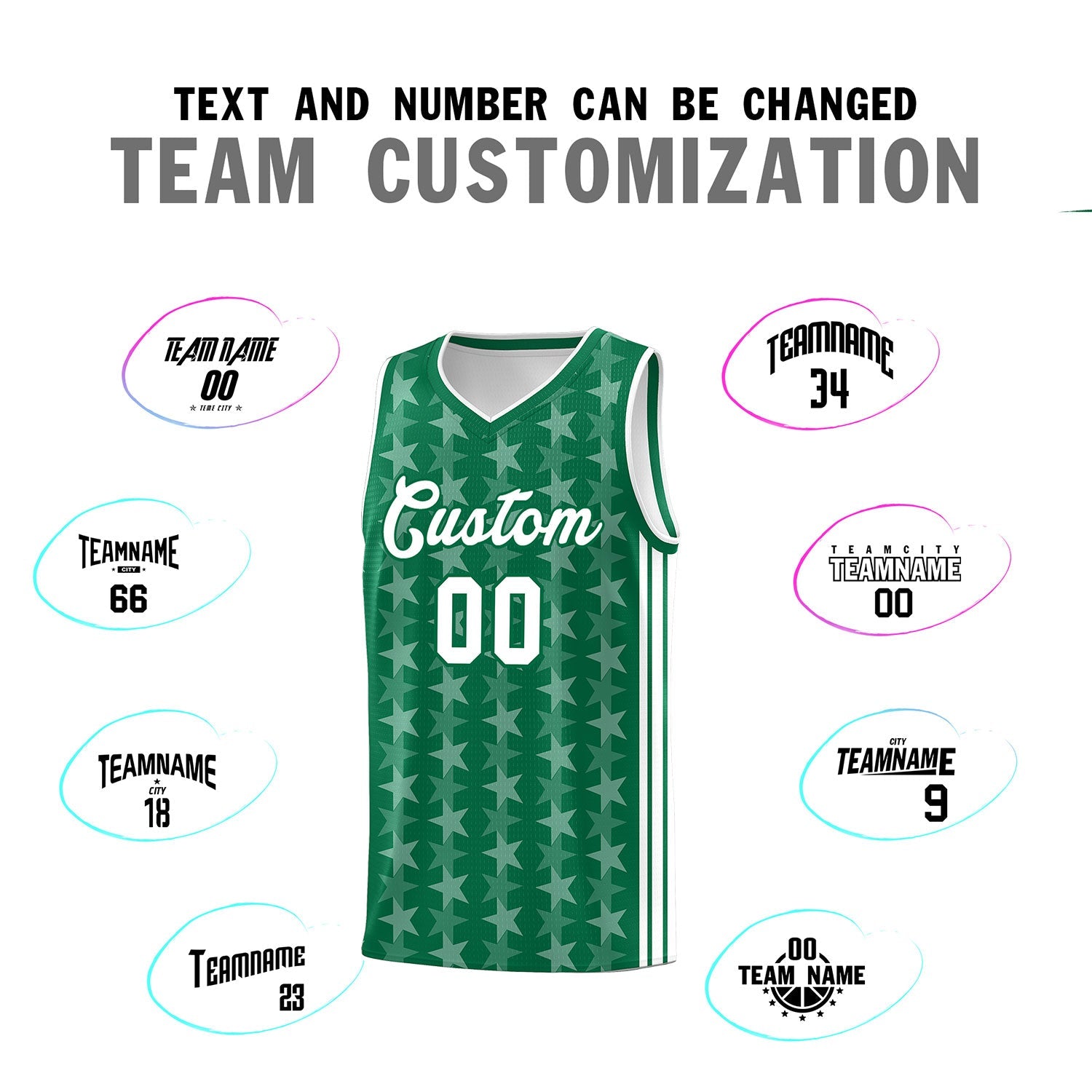 Custom Kelly Green White Star Graffiti Pattern Sets Sports Uniform Basketball Jersey