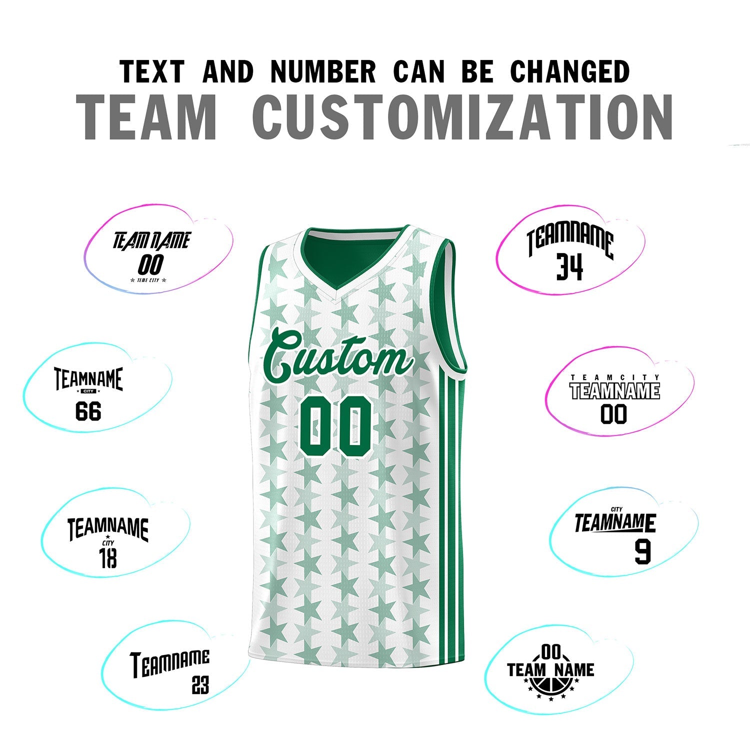 Custom White Kelly Green Star Graffiti Pattern Sets Sports Uniform Basketball Jersey