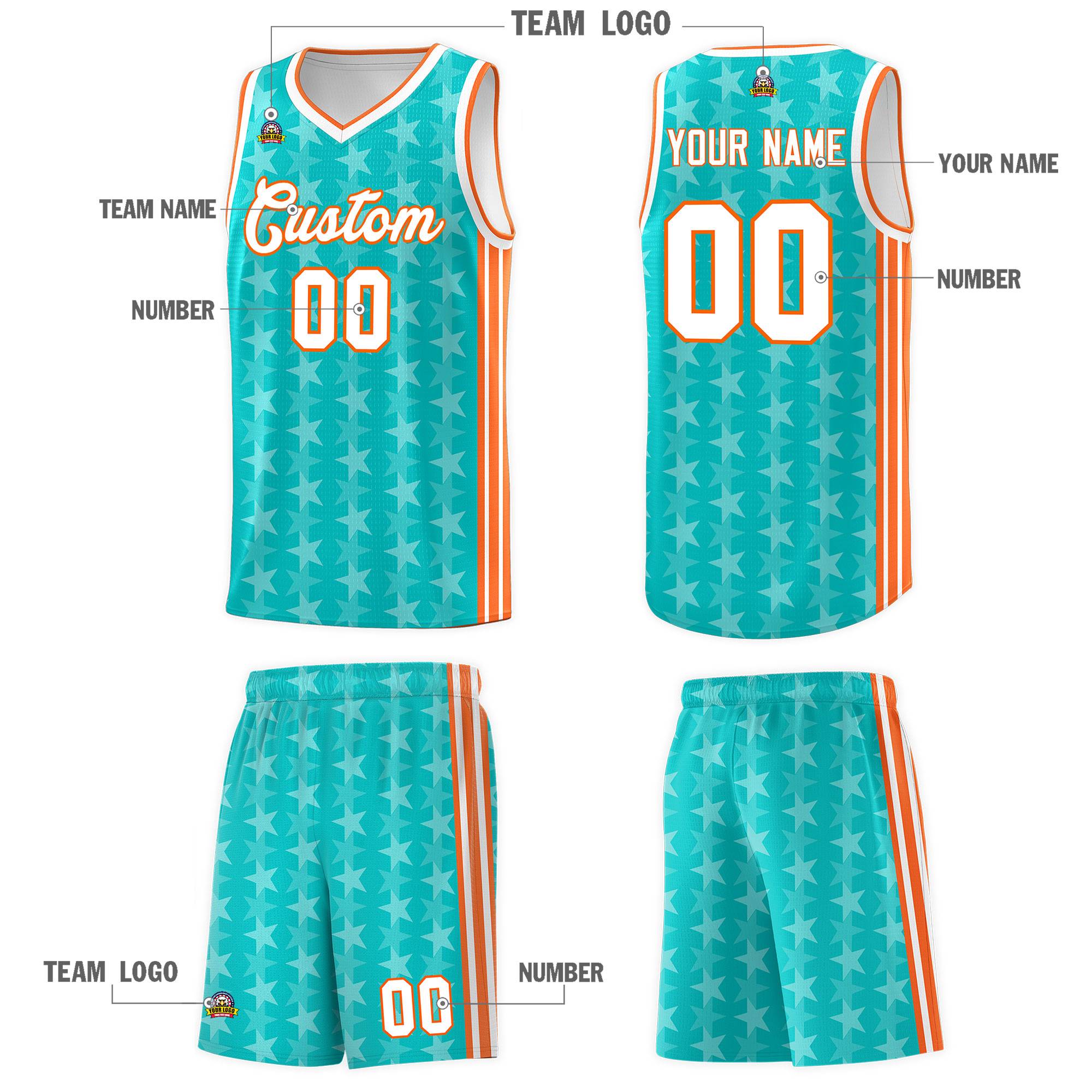 Custom Aqua White Star Graffiti Pattern Sets Sports Uniform Basketball Jersey