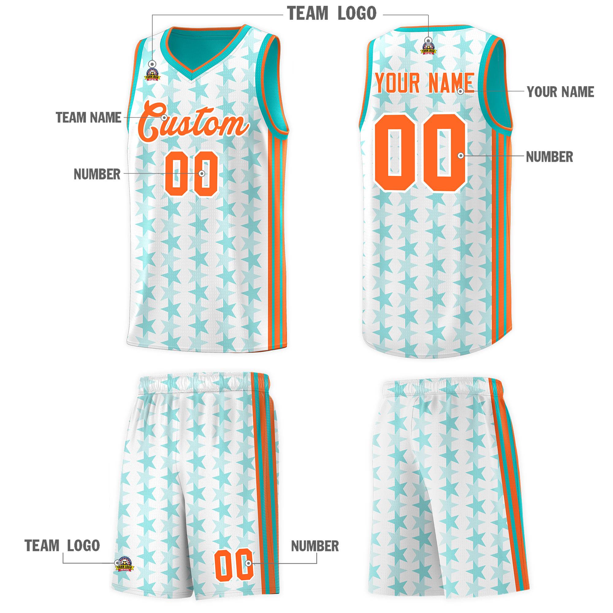 Custom White Aqua Star Graffiti Pattern Sets Sports Uniform Basketball Jersey