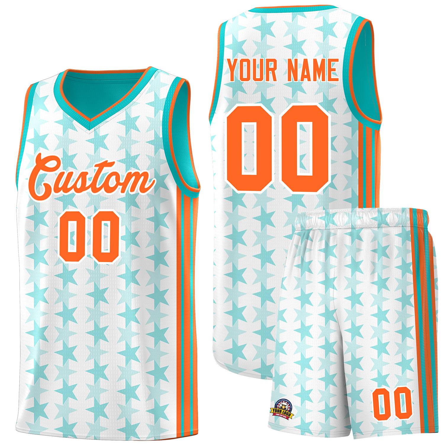 Custom White Aqua Star Graffiti Pattern Sets Sports Uniform Basketball Jersey