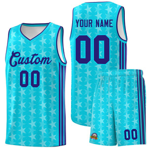 Custom Sky Blue White Star Graffiti Pattern Sets Sports Uniform Basketball Jersey