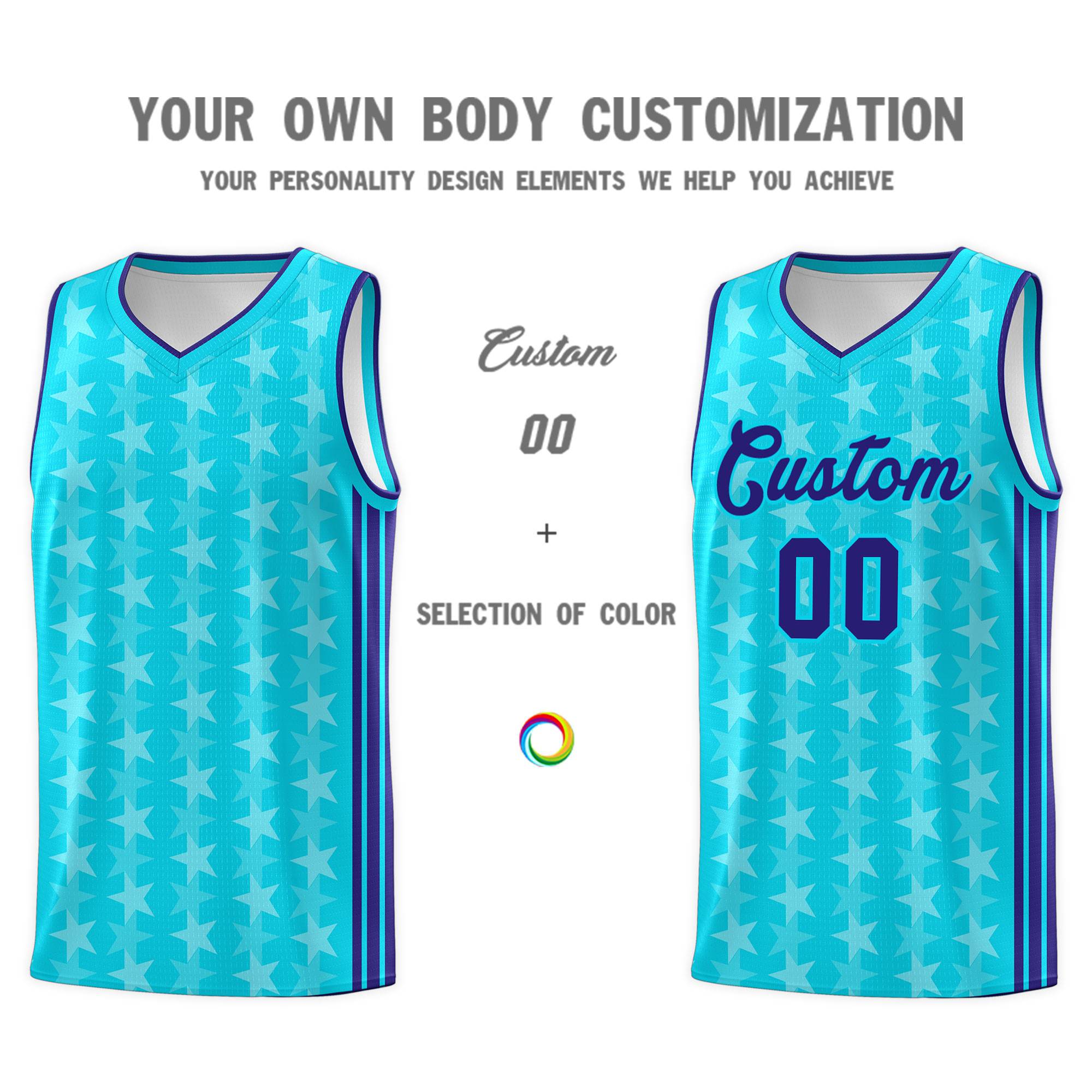 Custom Sky Blue White Star Graffiti Pattern Sets Sports Uniform Basketball Jersey