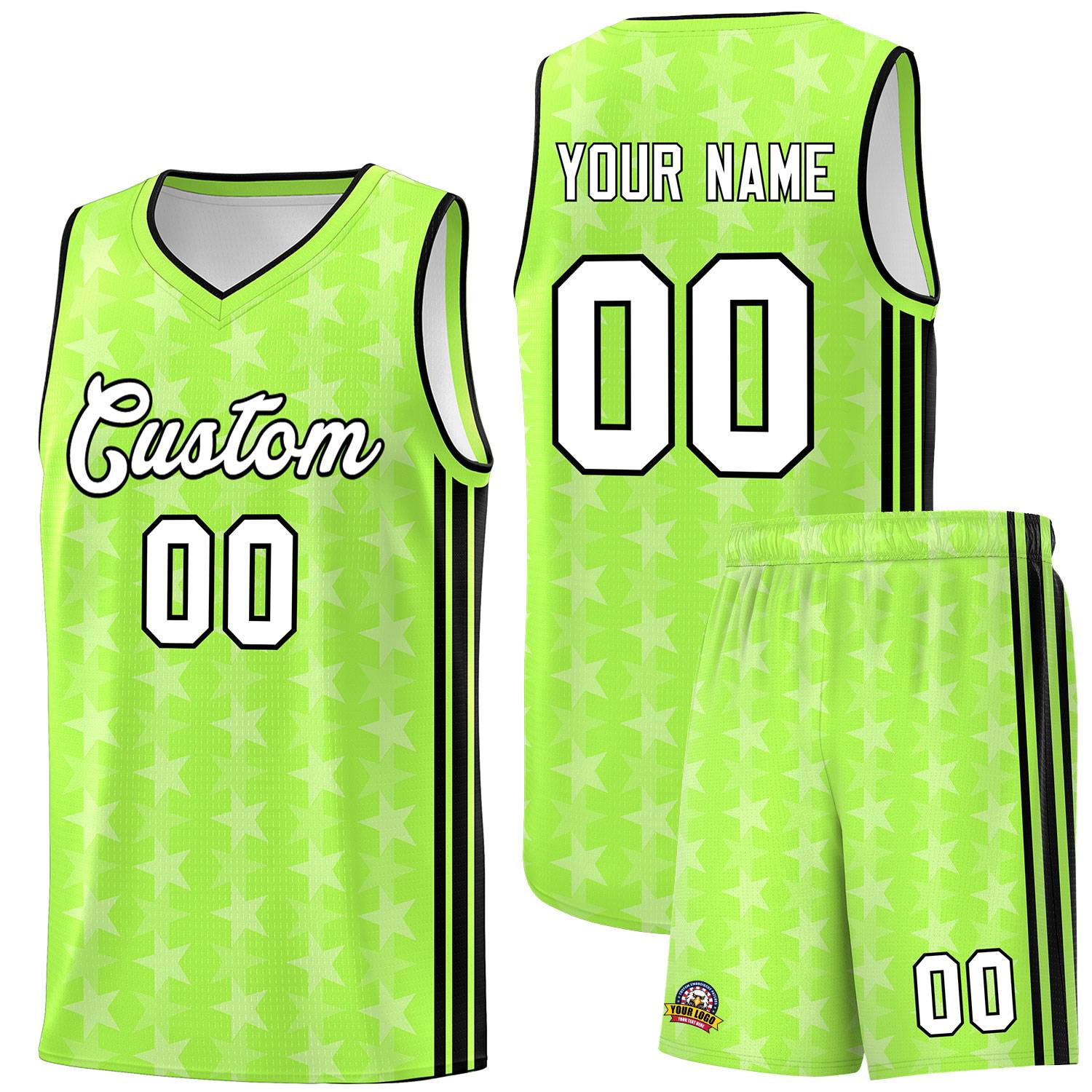 Custom Neon Green White Star Graffiti Pattern Sets Sports Uniform Basketball Jersey