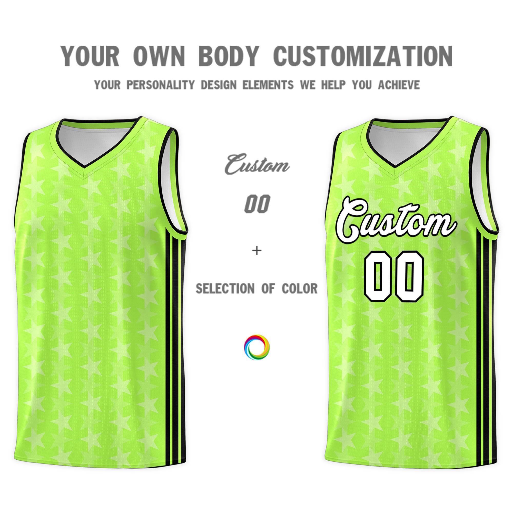 Custom Neon Green White Star Graffiti Pattern Sets Sports Uniform Basketball Jersey