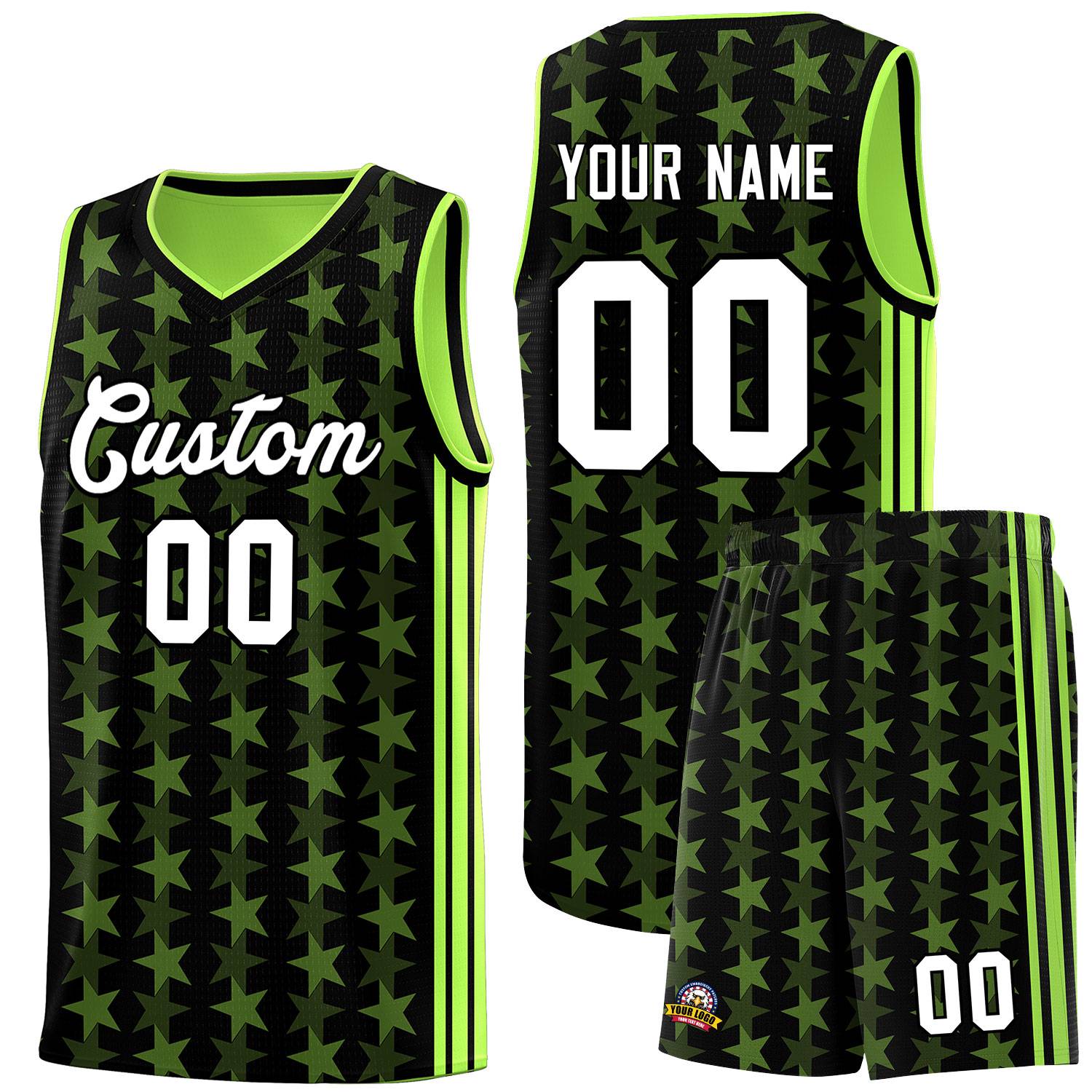 Custom Black Neon Green Star Graffiti Pattern Sets Sports Uniform Basketball Jersey