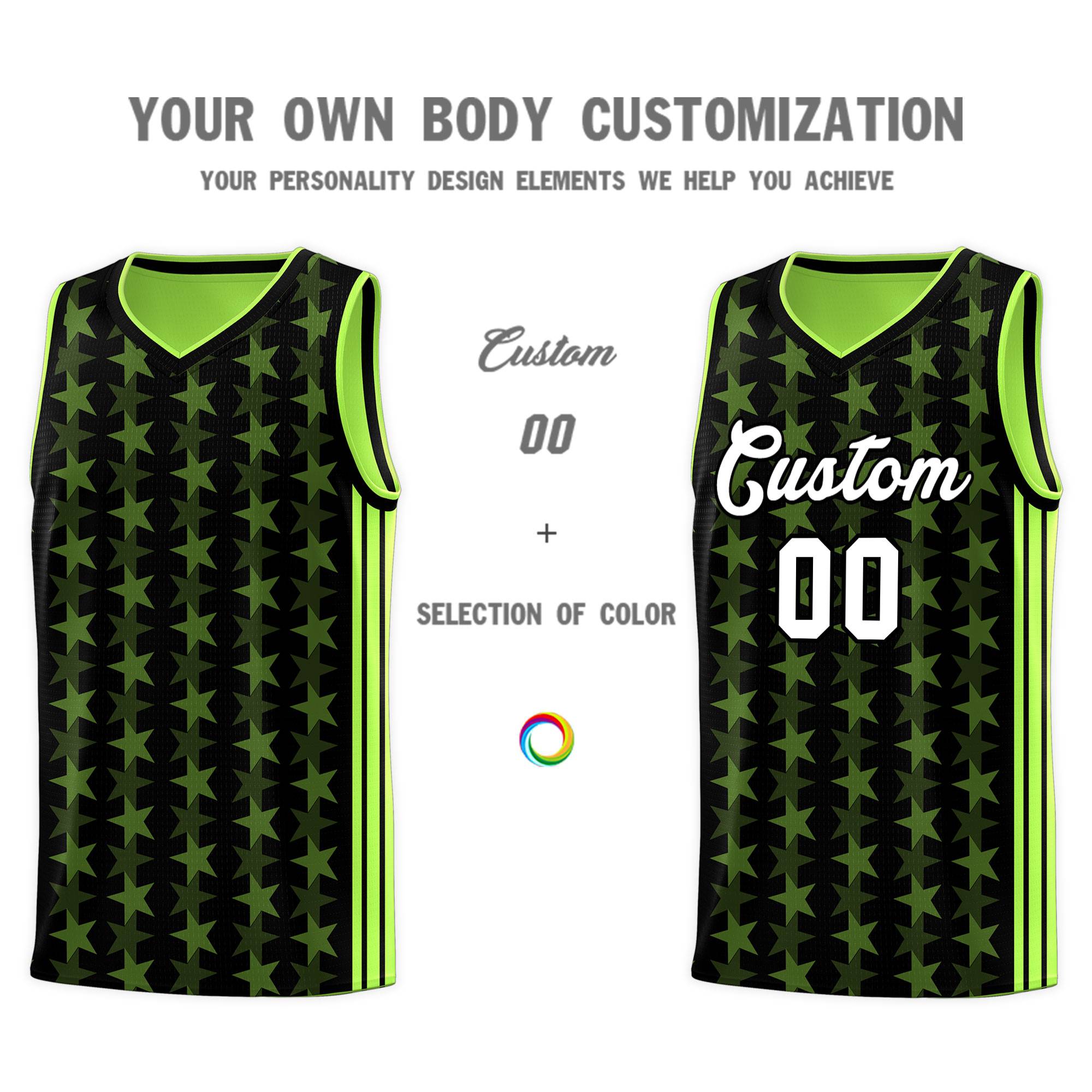 Custom Black Neon Green Star Graffiti Pattern Sets Sports Uniform Basketball Jersey