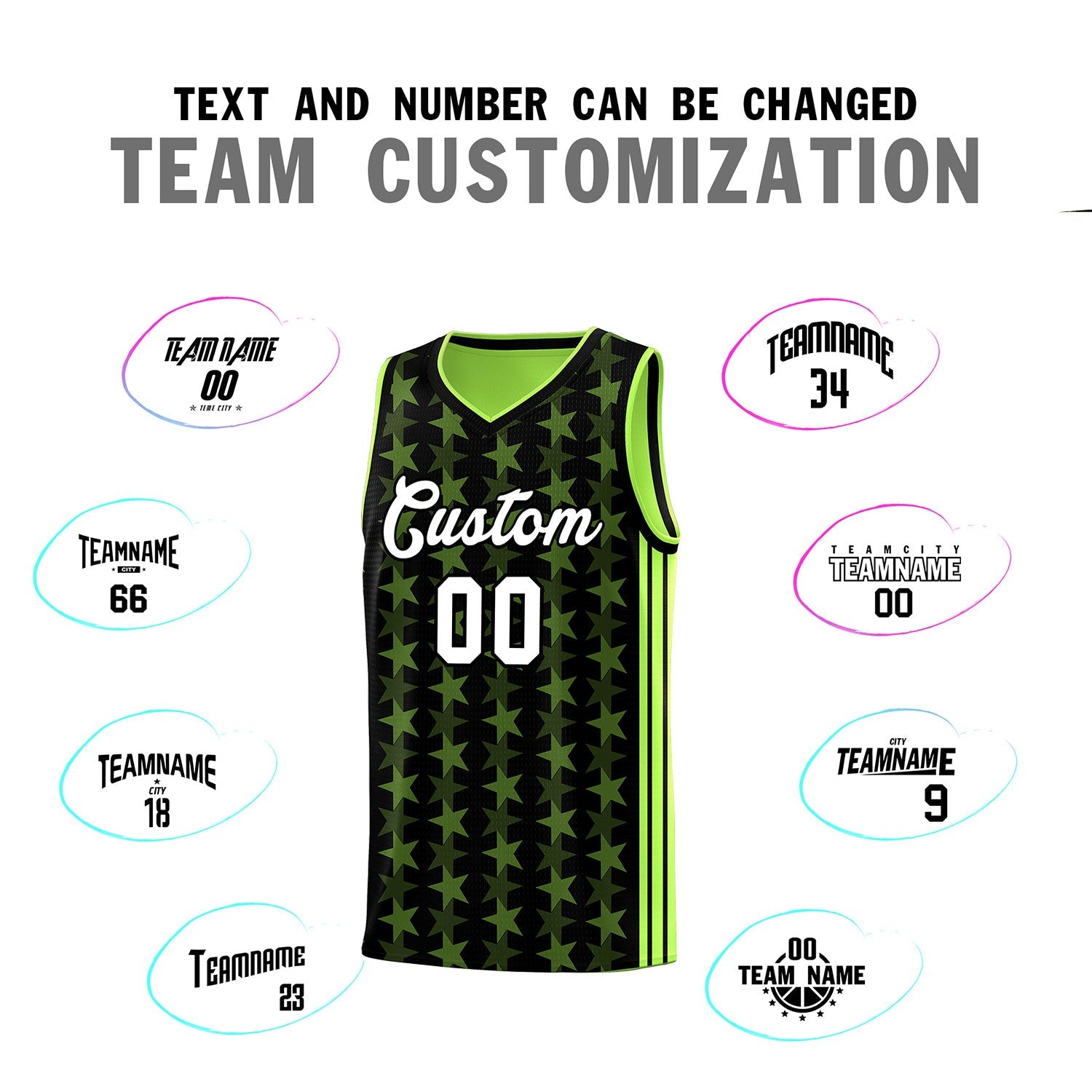 Custom Black Neon Green Star Graffiti Pattern Sets Sports Uniform Basketball Jersey