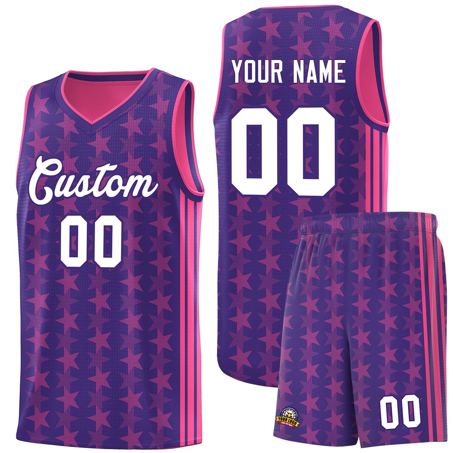 Custom Purple Pink Star Graffiti Pattern Sets Sports Uniform Basketball Jersey