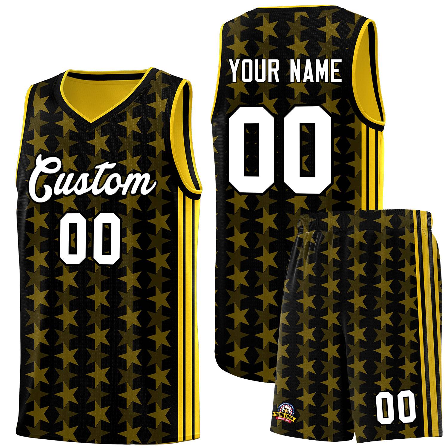 Custom Black Gold Star Graffiti Pattern Sets Sports Uniform Basketball Jersey