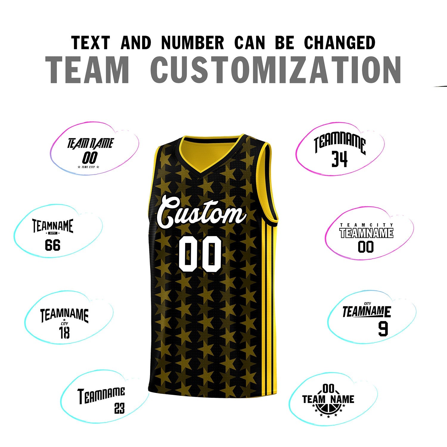 Custom Black Gold Star Graffiti Pattern Sets Sports Uniform Basketball Jersey