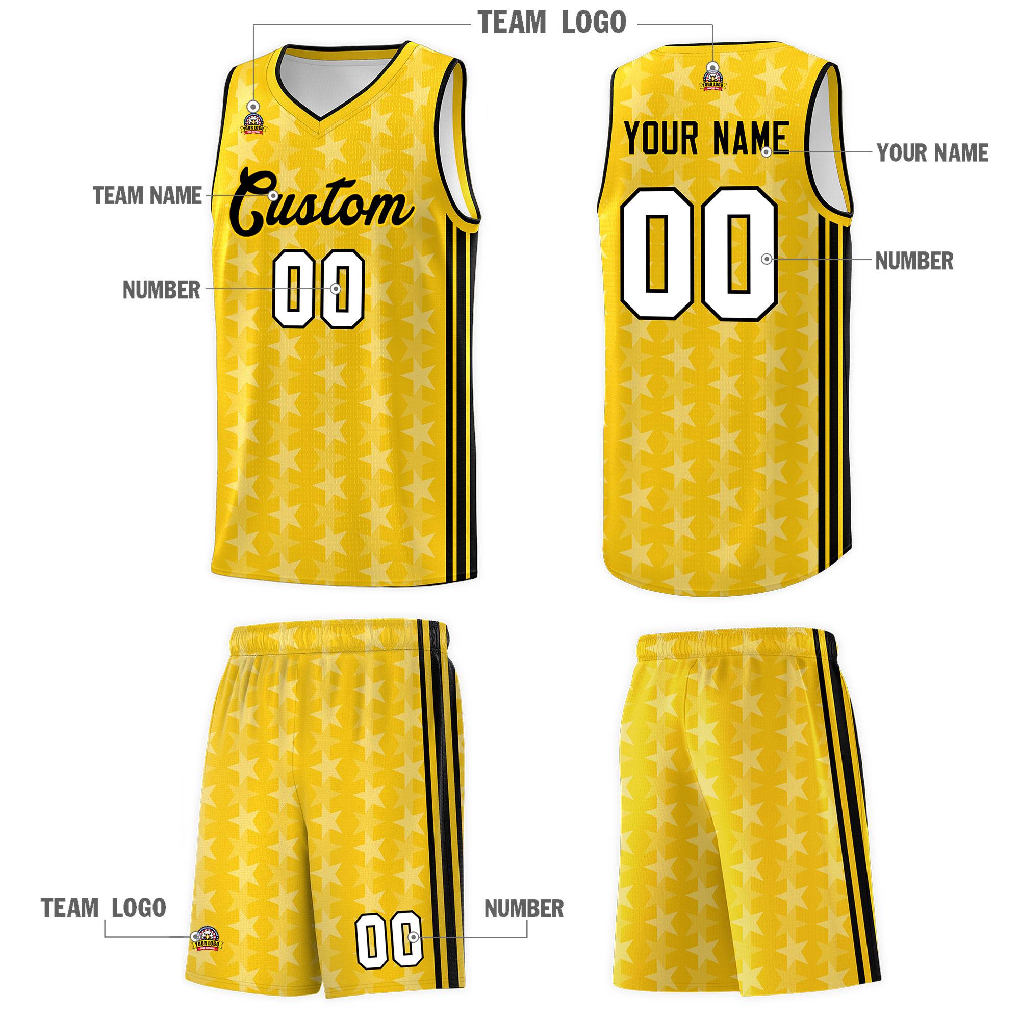 Custom Gold White Star Graffiti Pattern Sets Sports Uniform Basketball Jersey