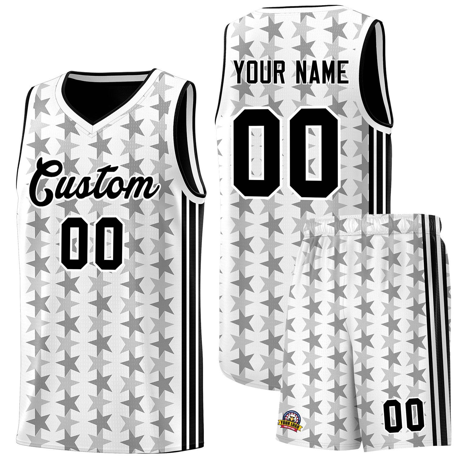 Custom White Black Star Graffiti Pattern Sets Sports Uniform Basketball Jersey