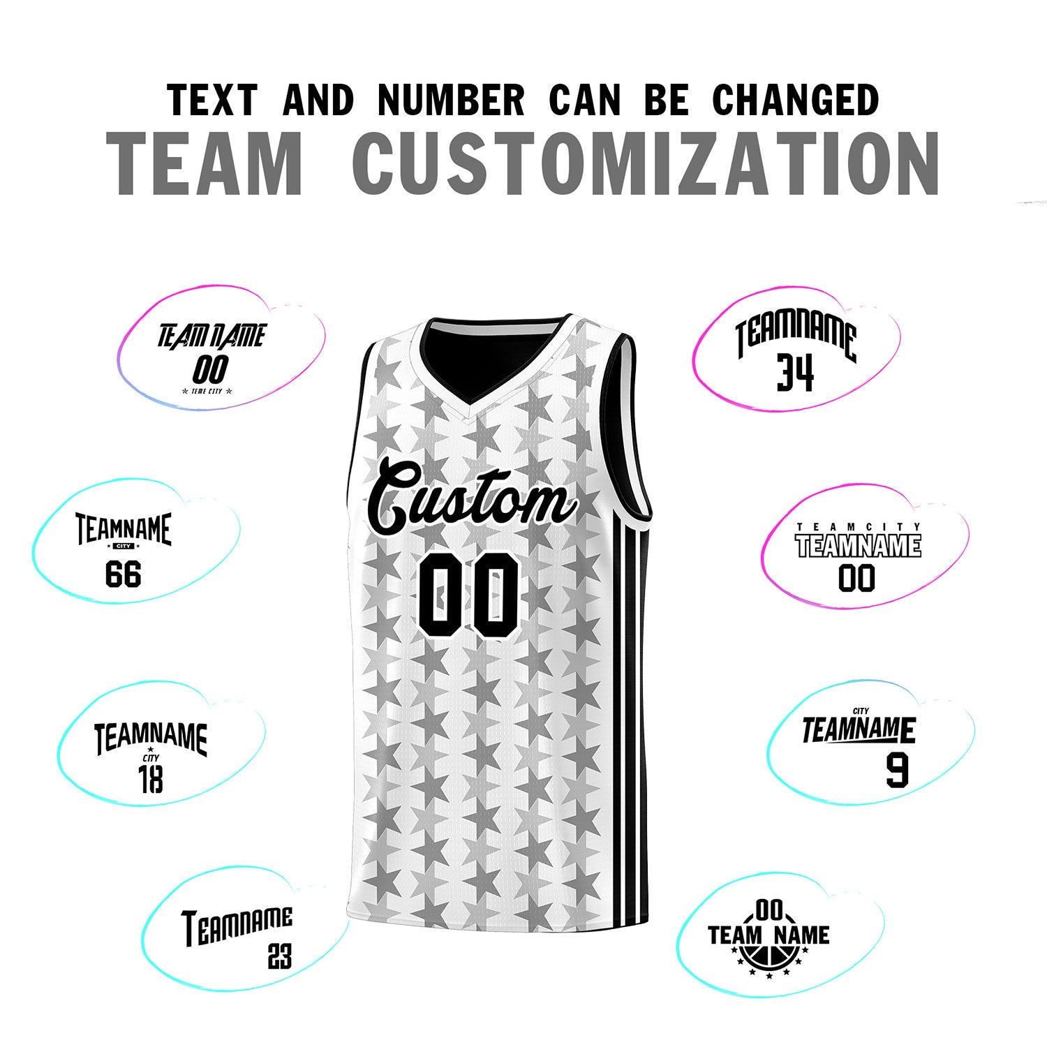 Custom White Black Star Graffiti Pattern Sets Sports Uniform Basketball Jersey