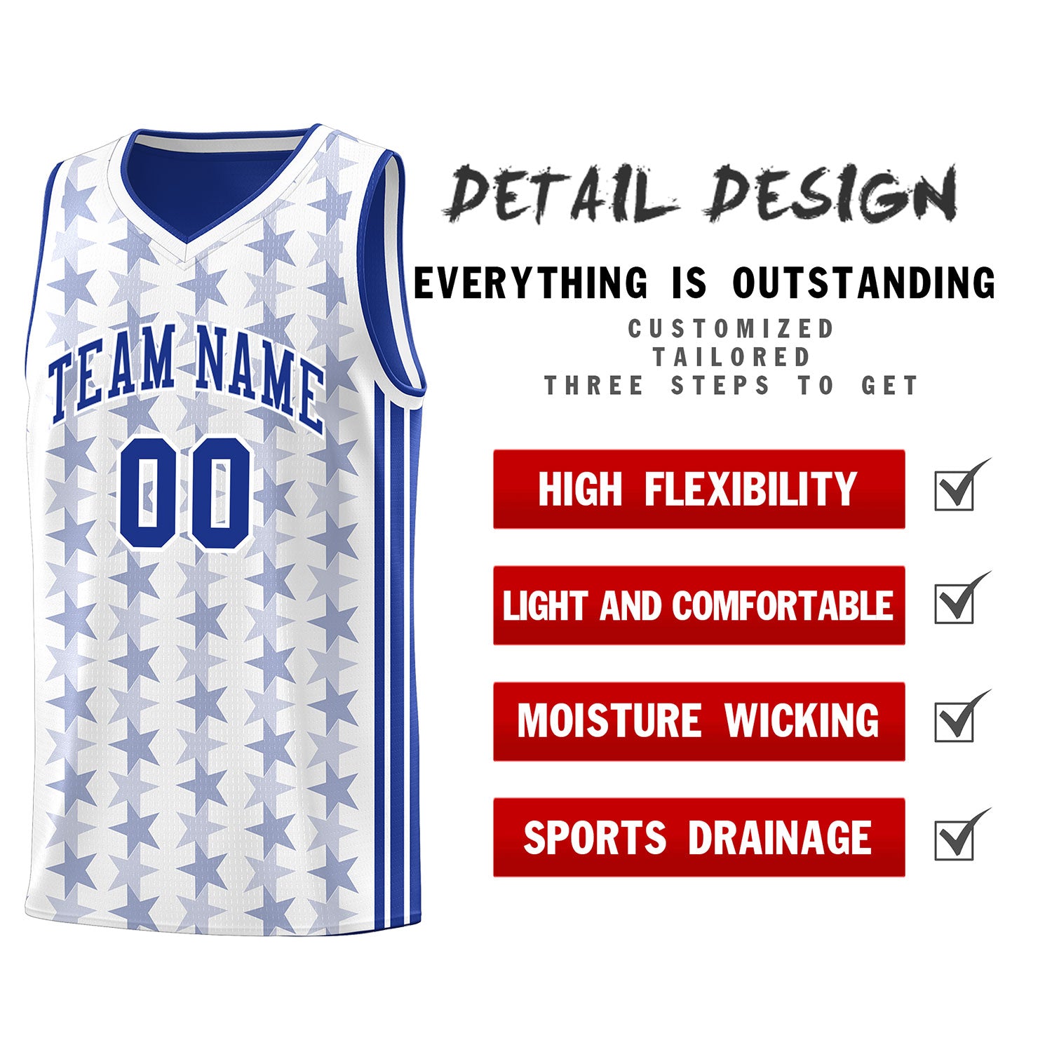 Custom White Royal Star Graffiti Pattern Sets Sports Uniform Basketball Jersey