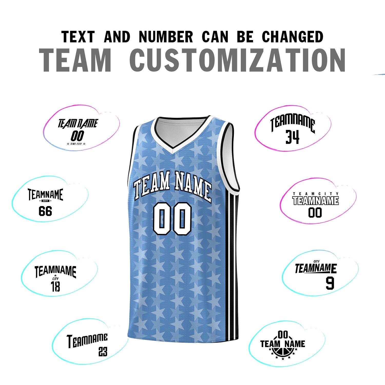 Custom Light Blue White Star Graffiti Pattern Sets Sports Uniform Basketball Jersey