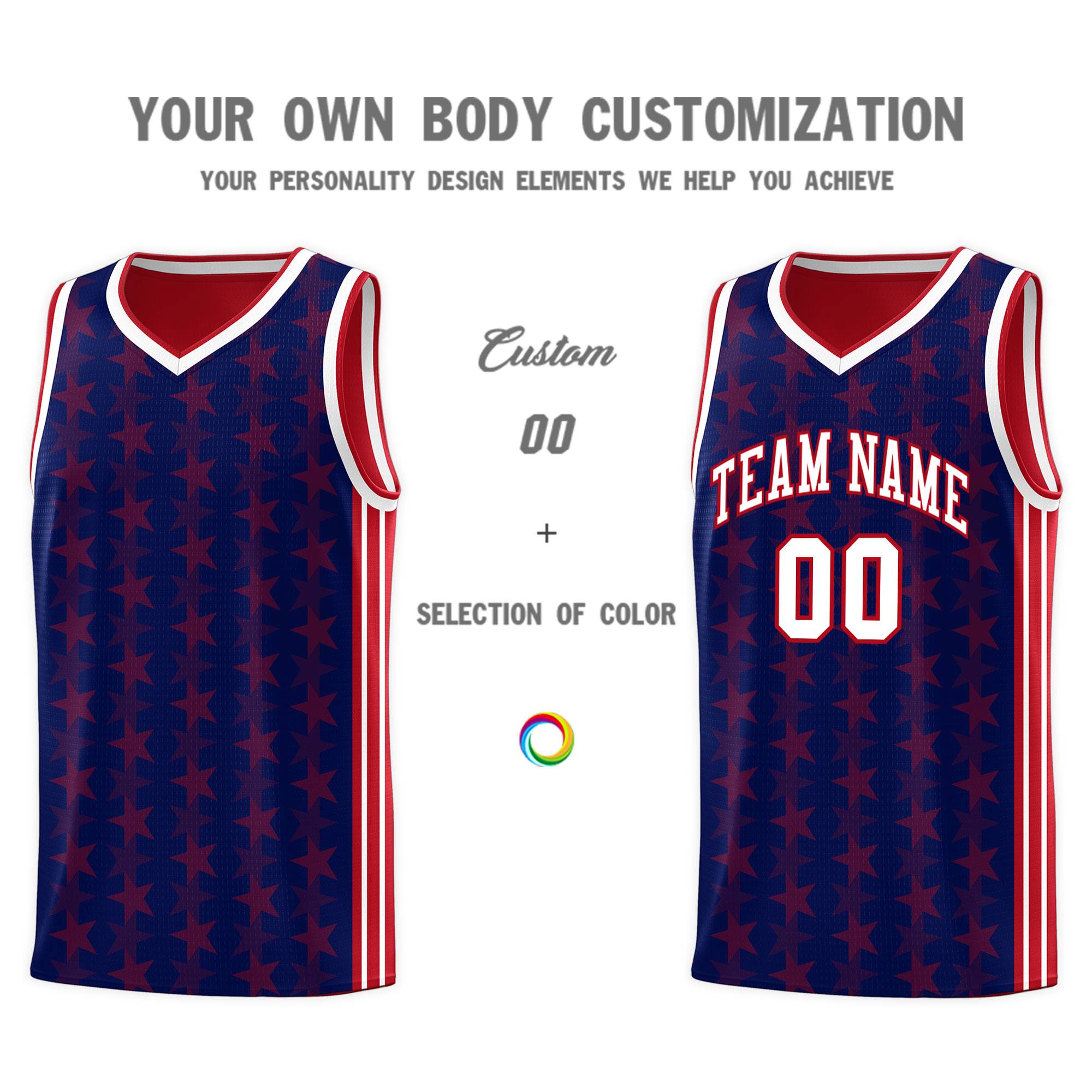 Custom Navy Red Star Graffiti Pattern Sets Sports Uniform Basketball Jersey