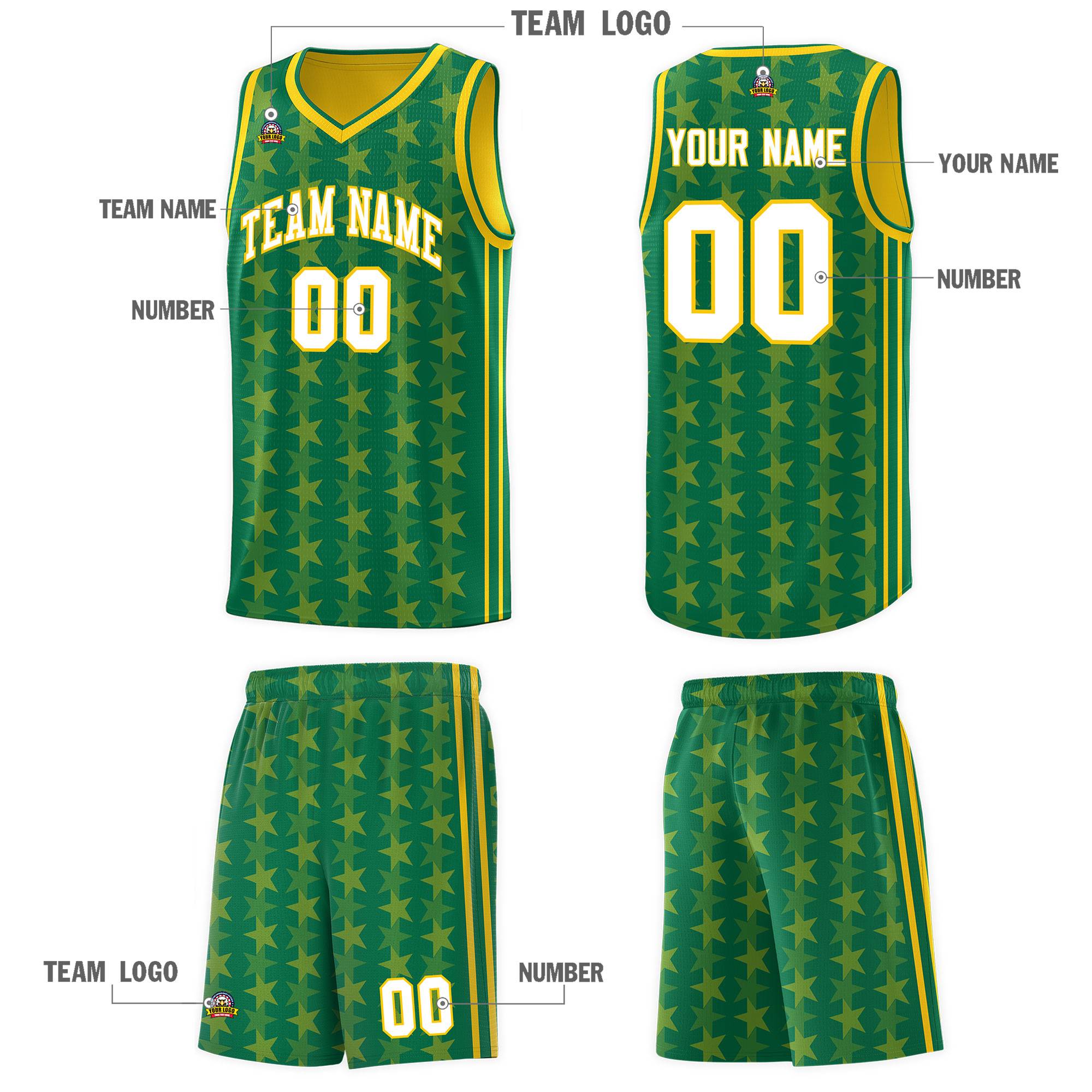 Custom Kelly Green Gold Star Graffiti Pattern Sets Sports Uniform Basketball Jersey