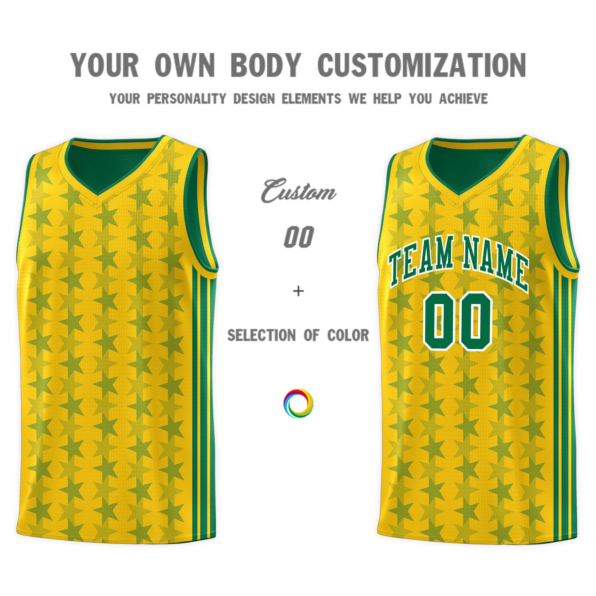 Custom Gold Kelly Green Star Graffiti Pattern Sets Sports Uniform Basketball Jersey