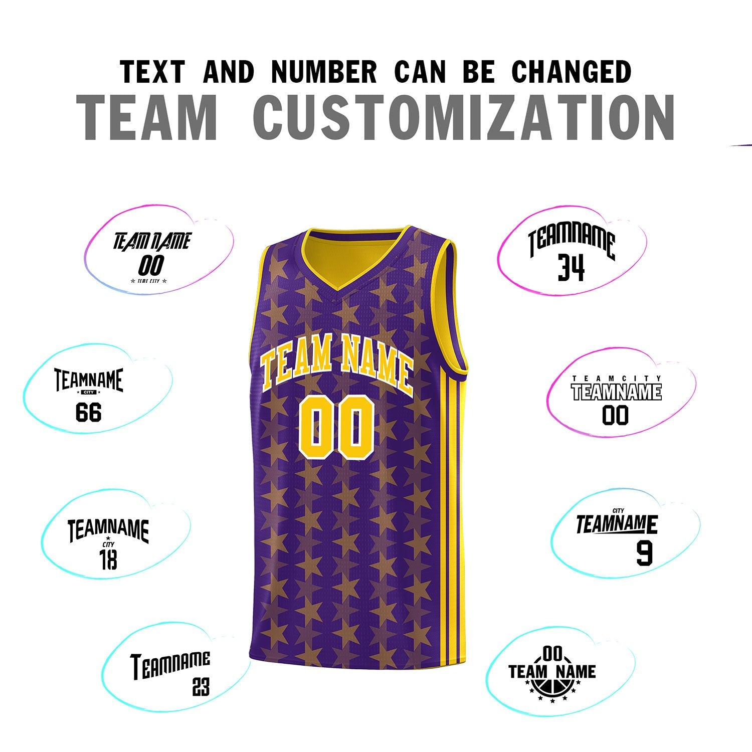 Custom Purple Gold Star Graffiti Pattern Sets Sports Uniform Basketball Jersey