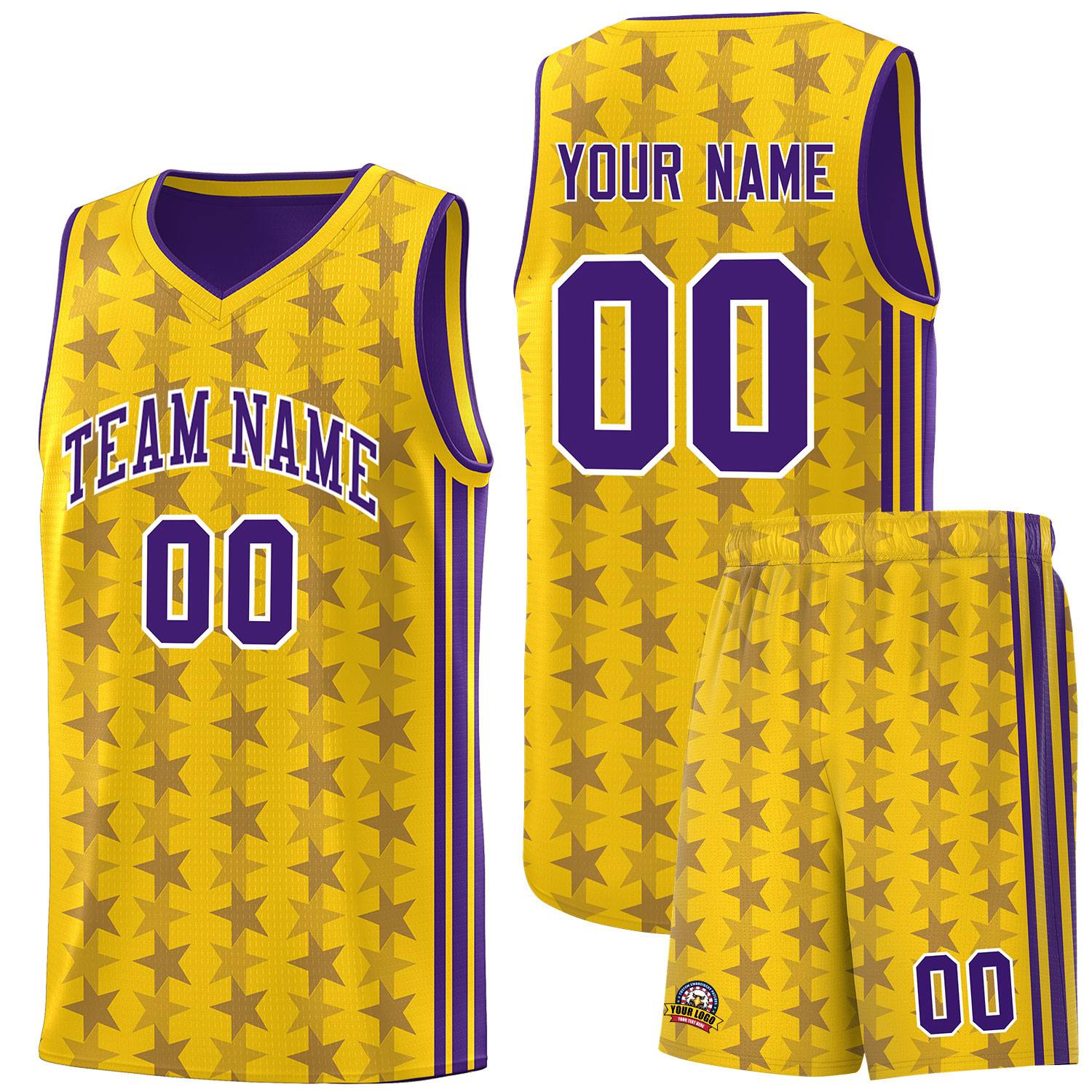 Custom Gold Purple Star Graffiti Pattern Sets Sports Uniform Basketball Jersey