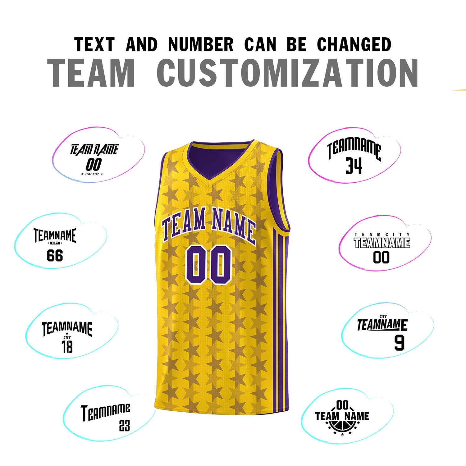 Custom Gold Purple Star Graffiti Pattern Sets Sports Uniform Basketball Jersey