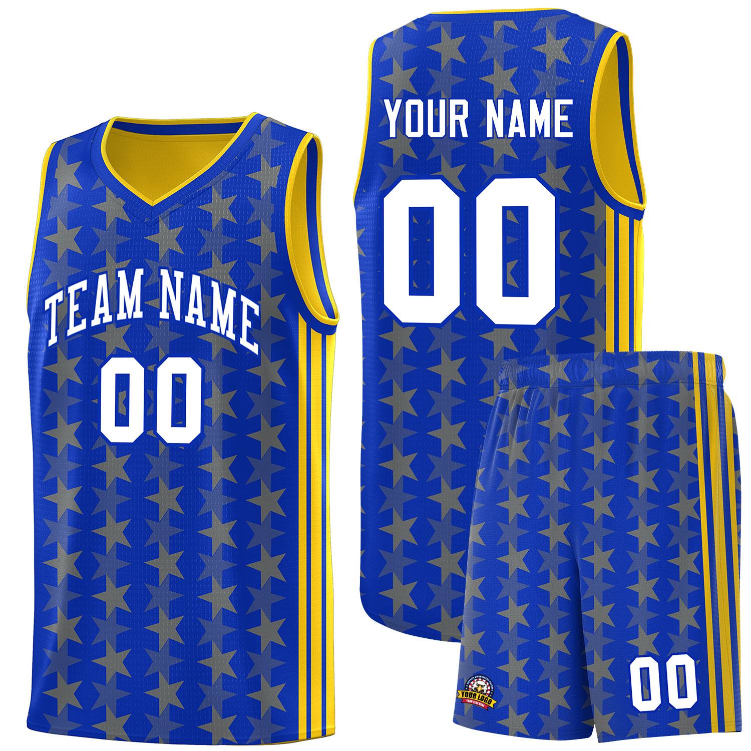 Custom Royal Gold Star Graffiti Pattern Sets Sports Uniform Basketball Jersey