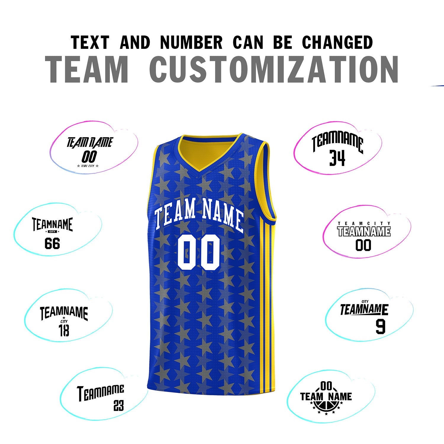 Custom Royal Gold Star Graffiti Pattern Sets Sports Uniform Basketball Jersey