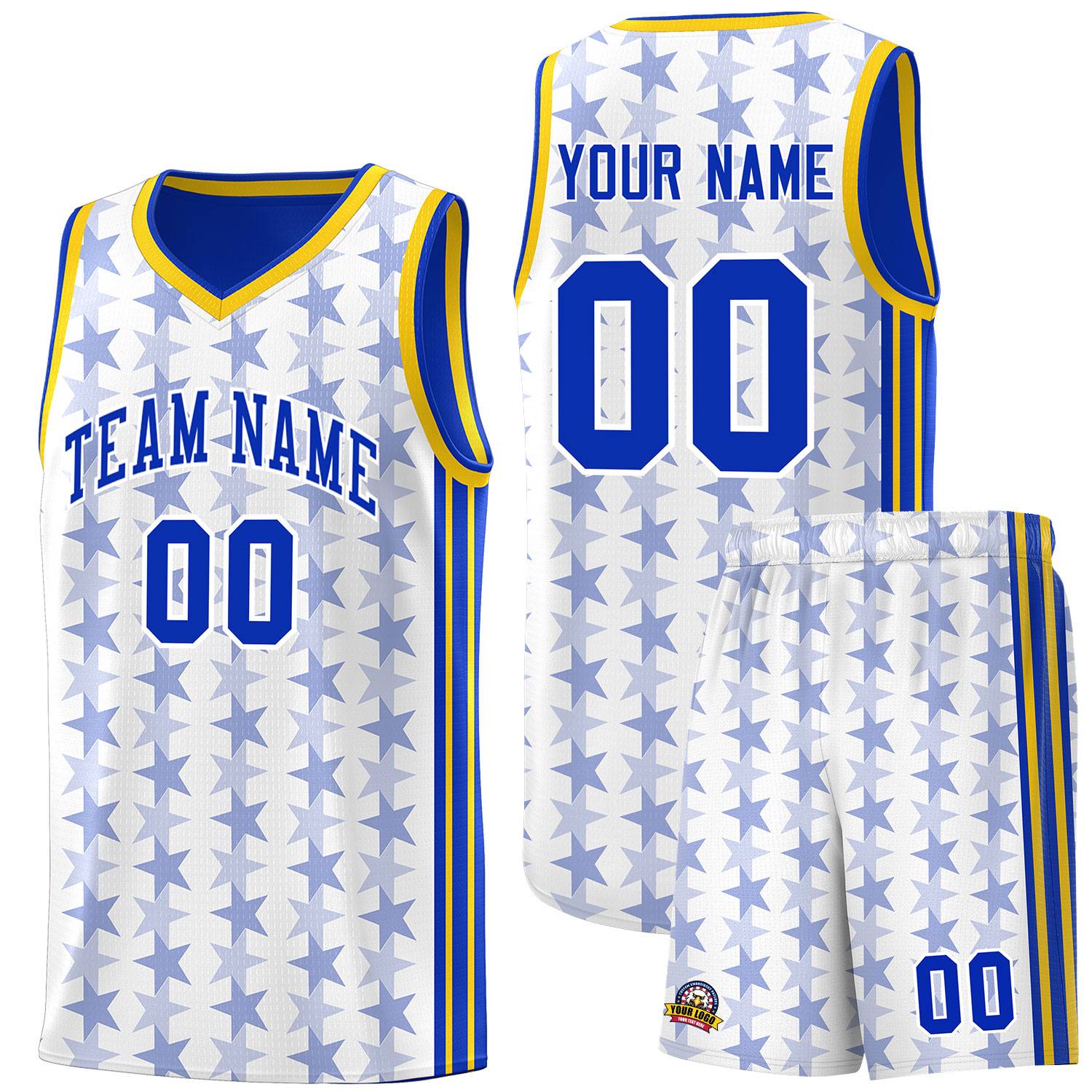 Custom White Royal Star Graffiti Pattern Sets Sports Uniform Basketball Jersey