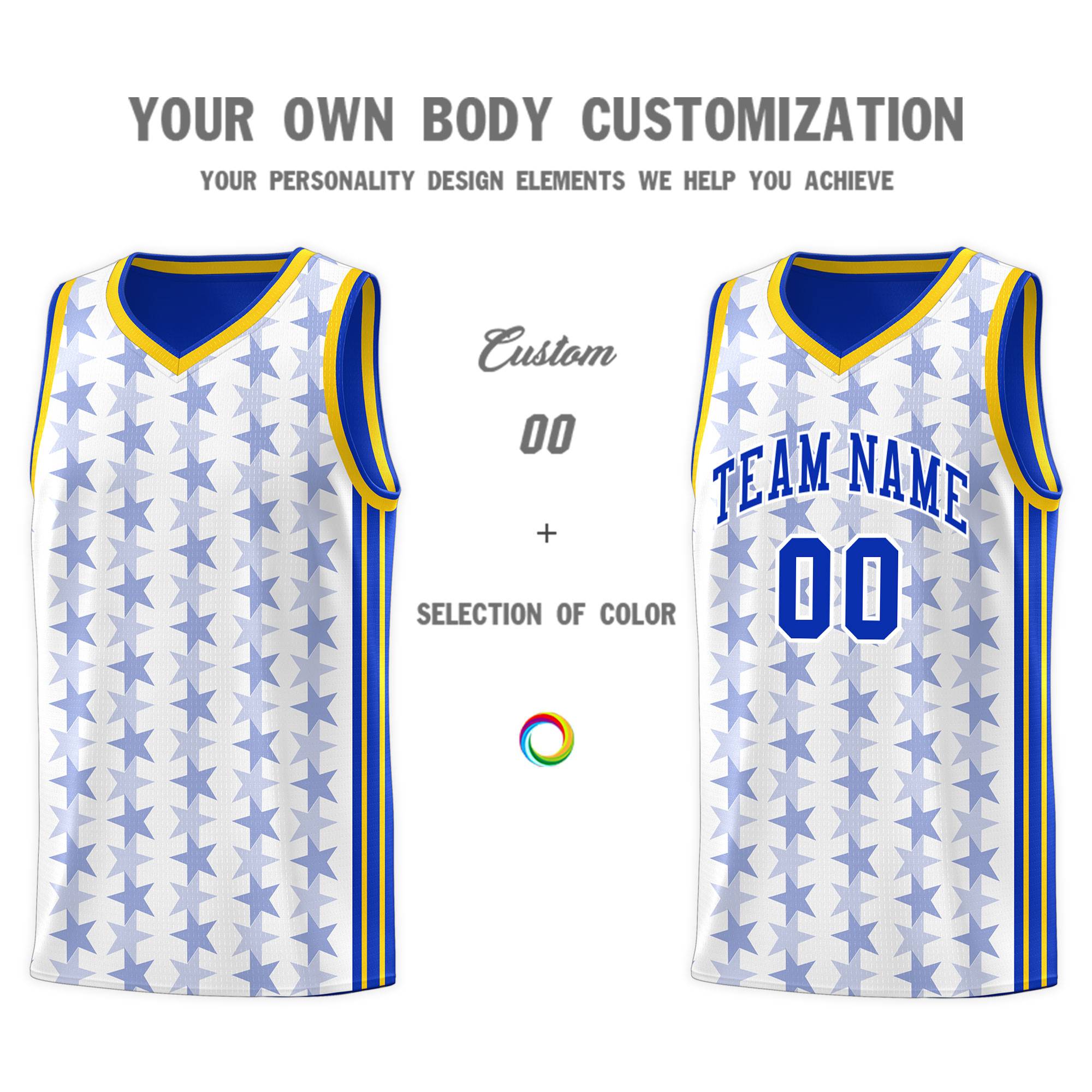 Custom White Royal Star Graffiti Pattern Sets Sports Uniform Basketball Jersey