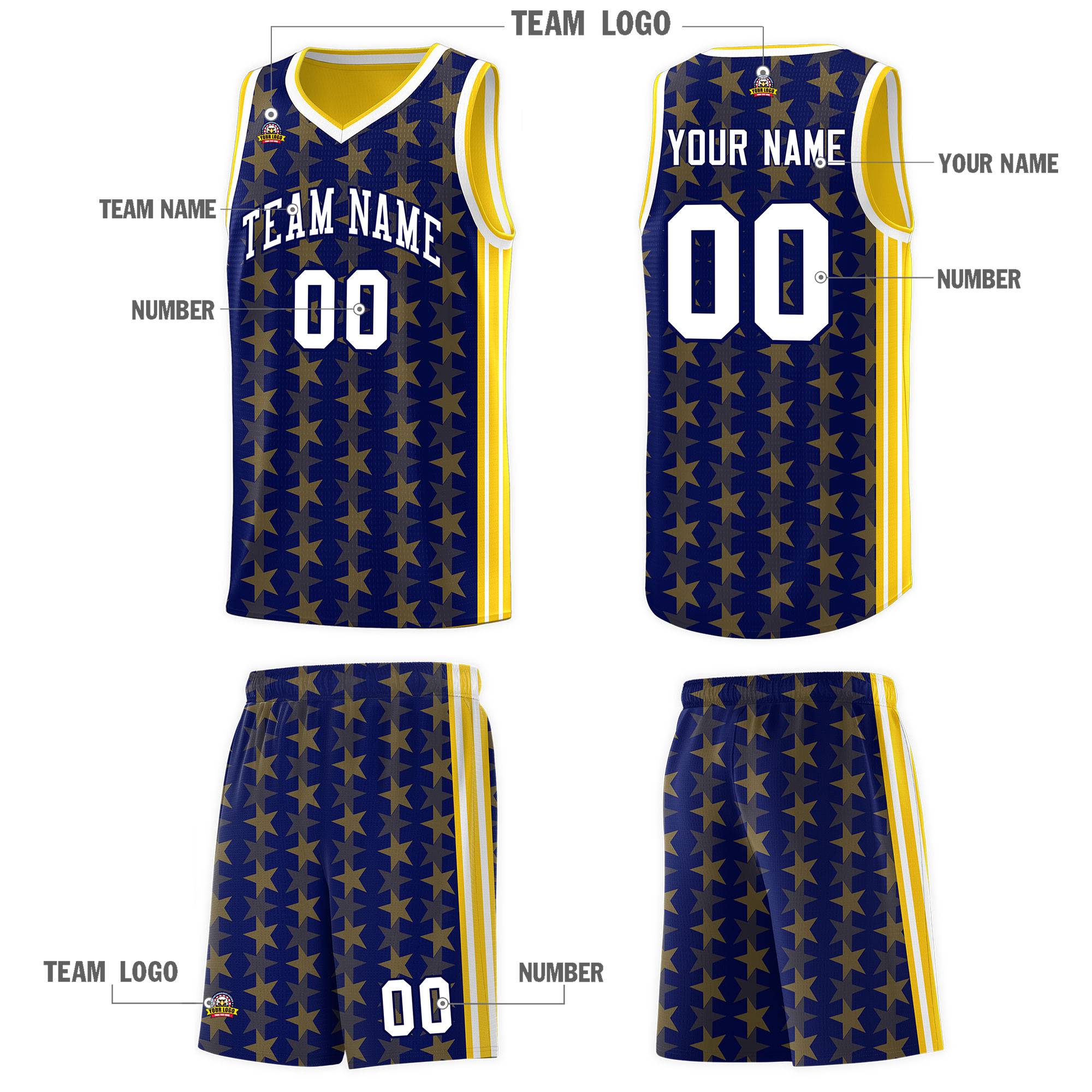 Custom Navy Gold Star Graffiti Pattern Sets Sports Uniform Basketball Jersey