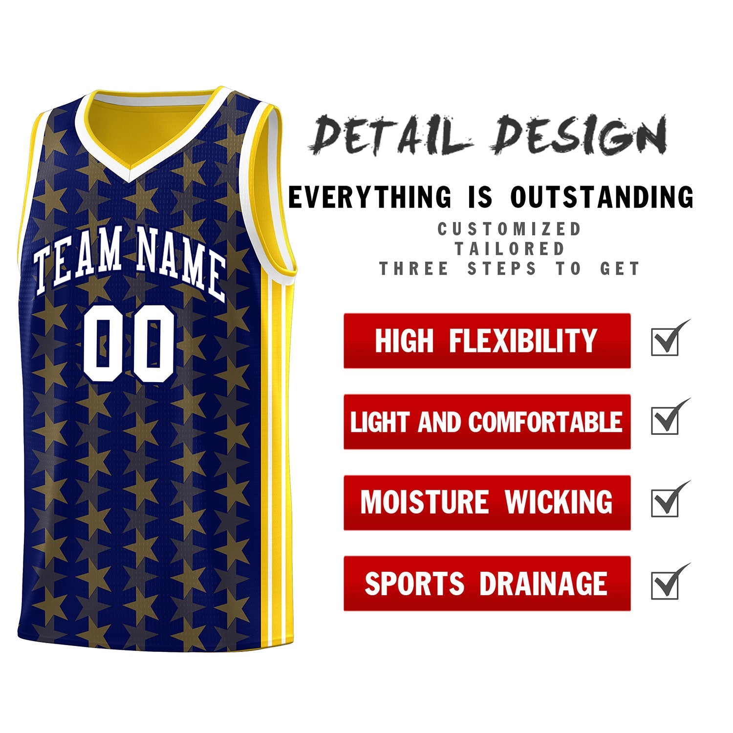 Custom Navy Gold Star Graffiti Pattern Sets Sports Uniform Basketball Jersey