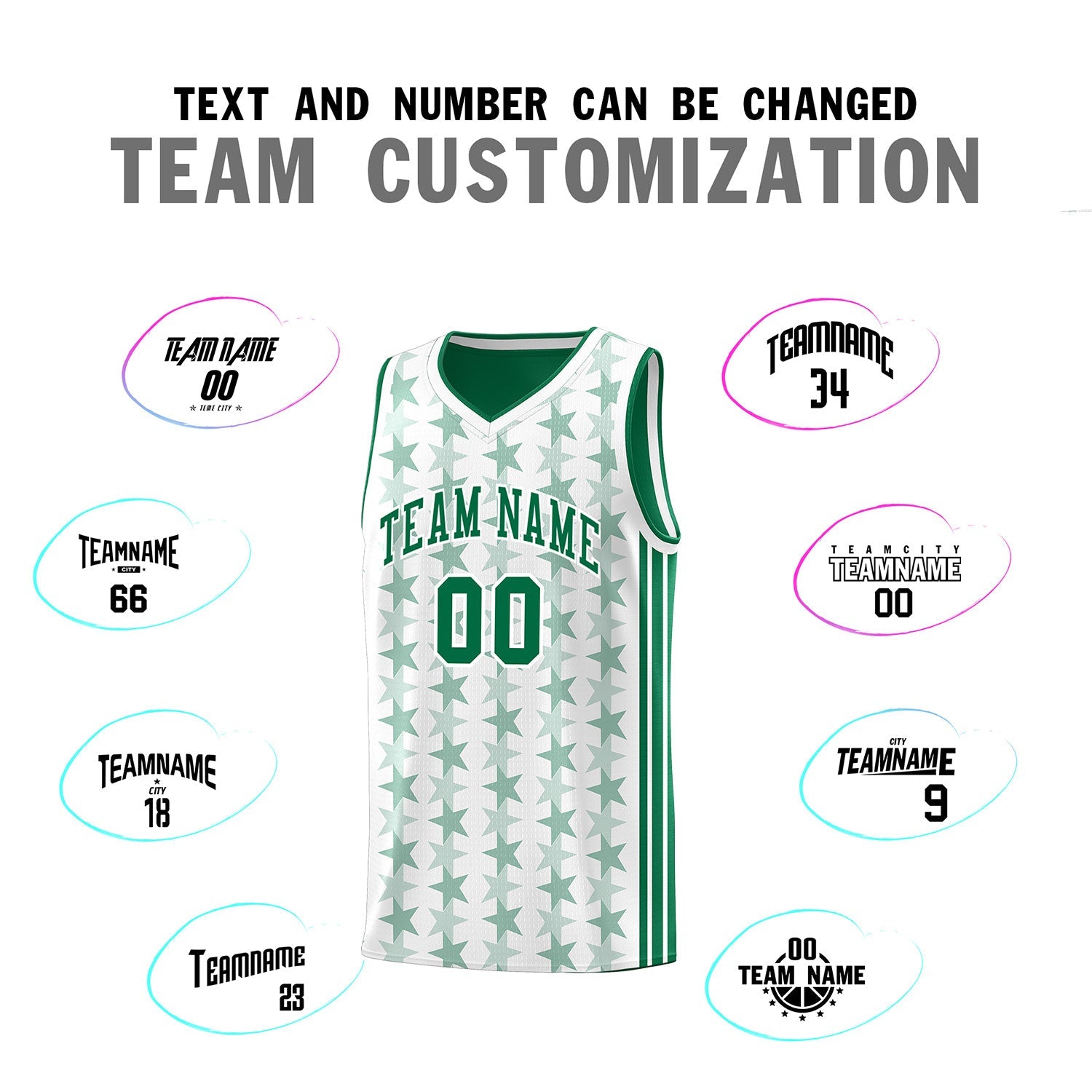 Custom White Kelly Green Star Graffiti Pattern Sets Sports Uniform Basketball Jersey