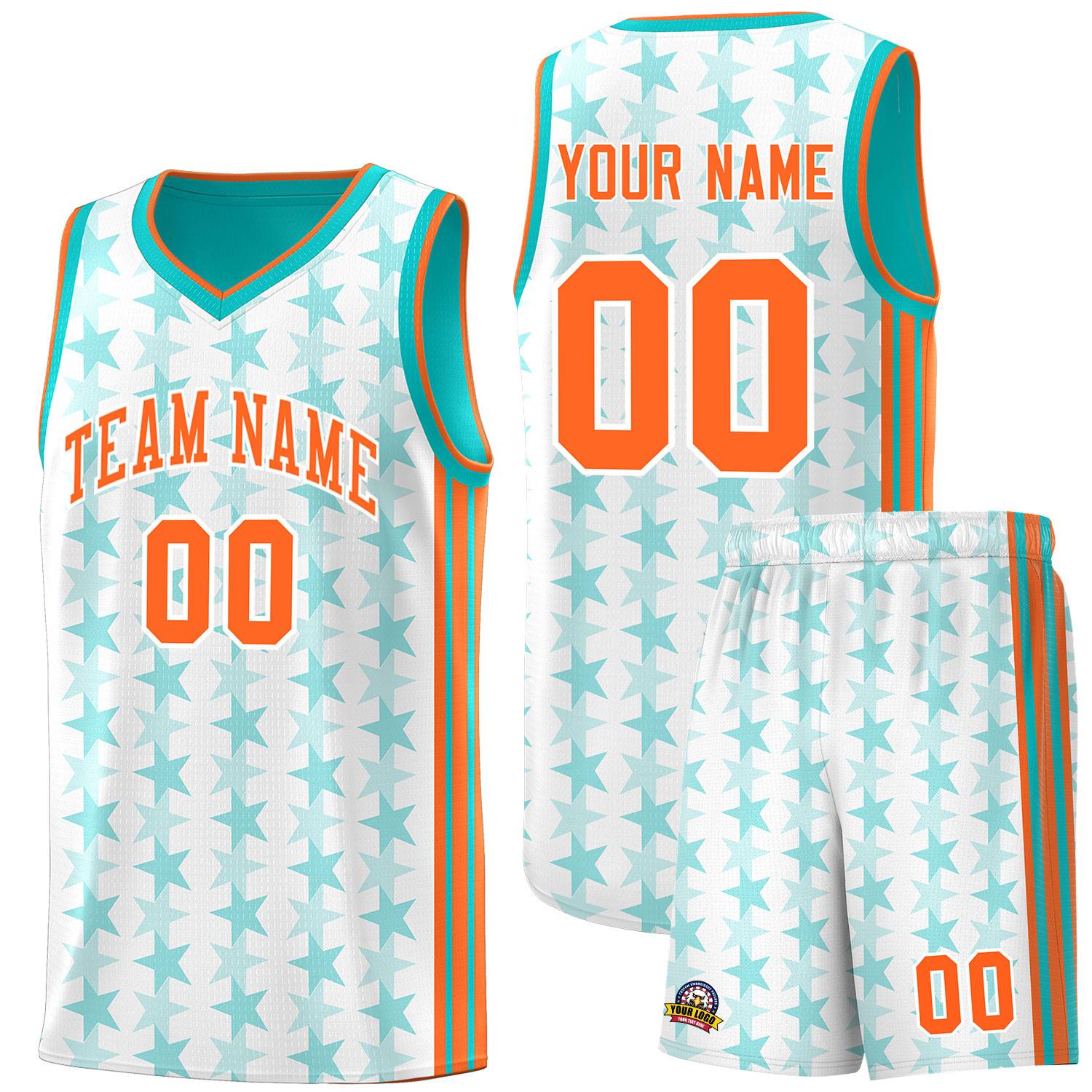 Custom White Aqua Star Graffiti Pattern Sets Sports Uniform Basketball Jersey