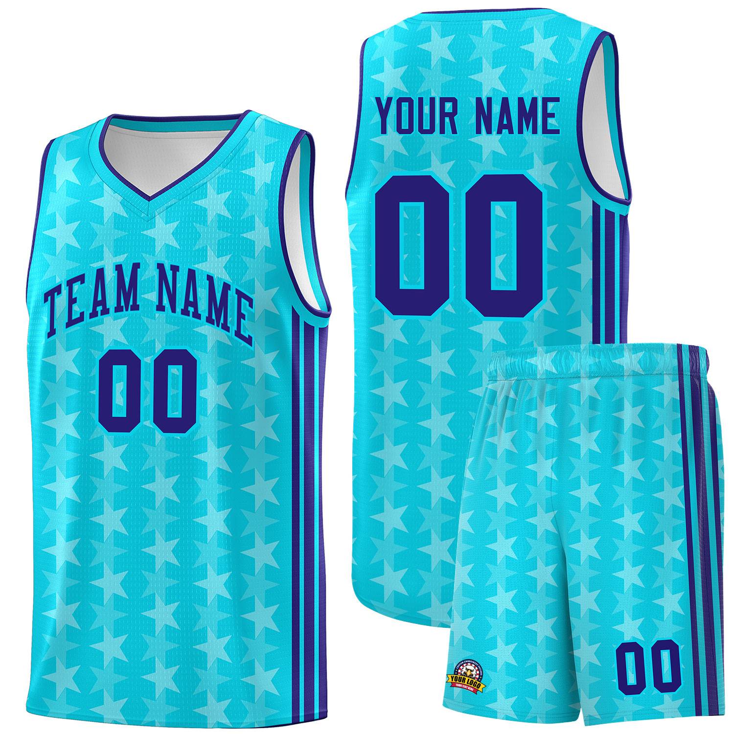 Custom Sky Blue White Star Graffiti Pattern Sets Sports Uniform Basketball Jersey