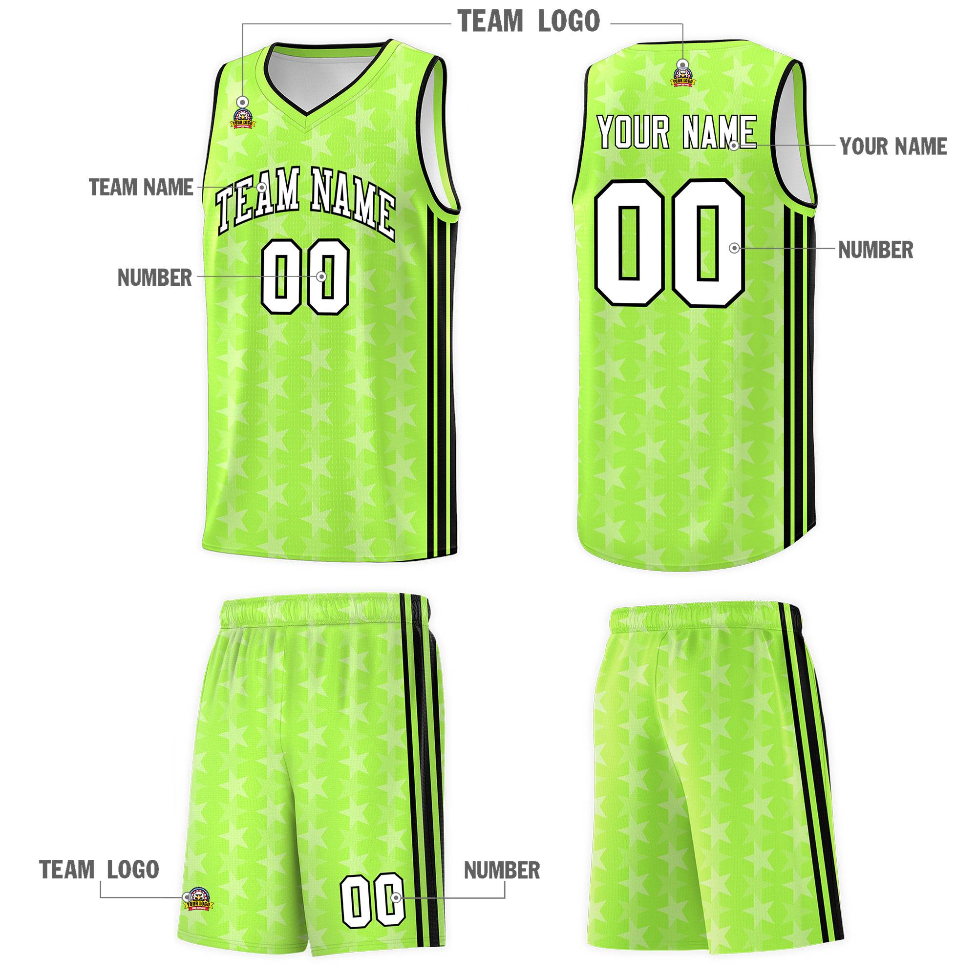 Custom Neon Green White Star Graffiti Pattern Sets Sports Uniform Basketball Jersey