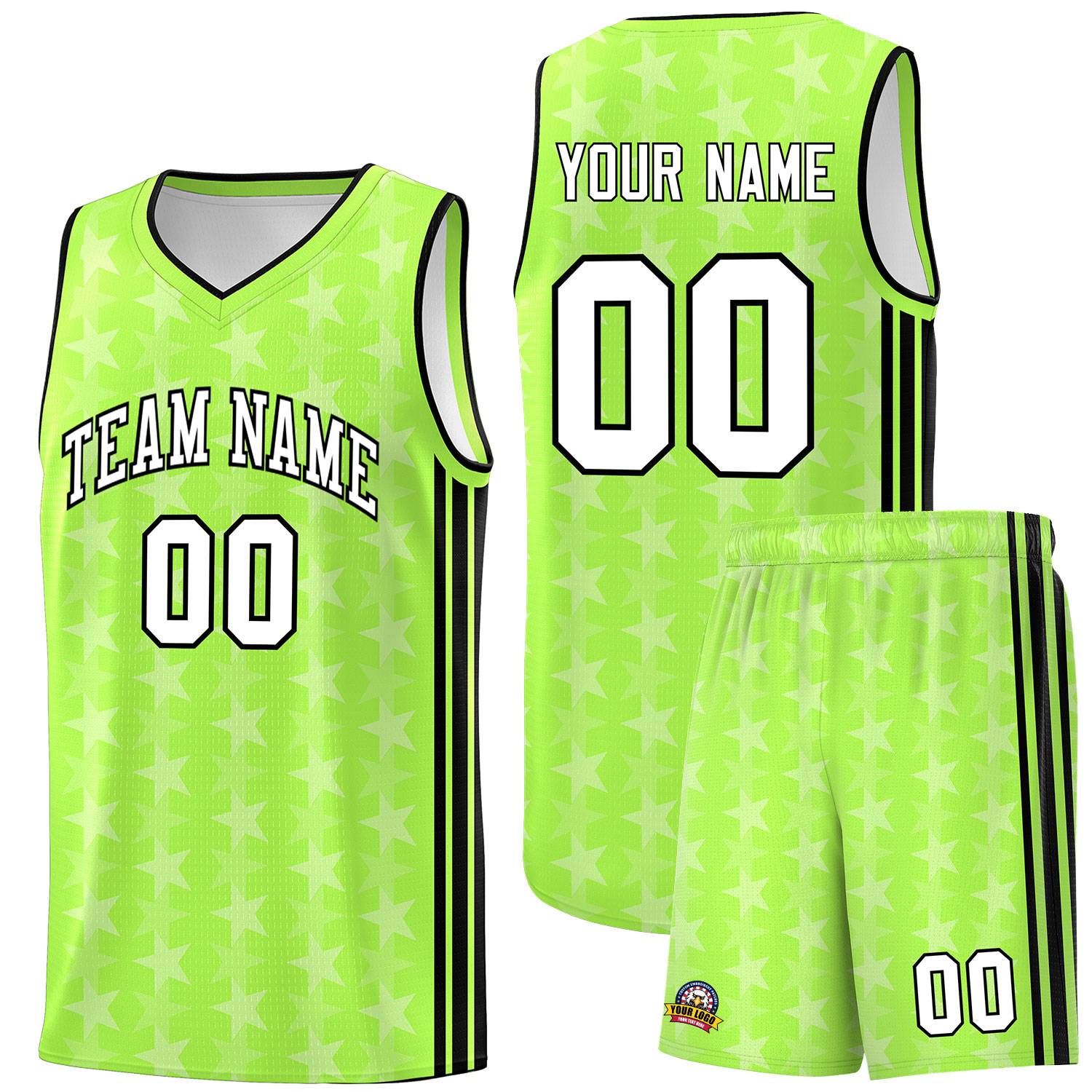 Custom Neon Green White Star Graffiti Pattern Sets Sports Uniform Basketball Jersey