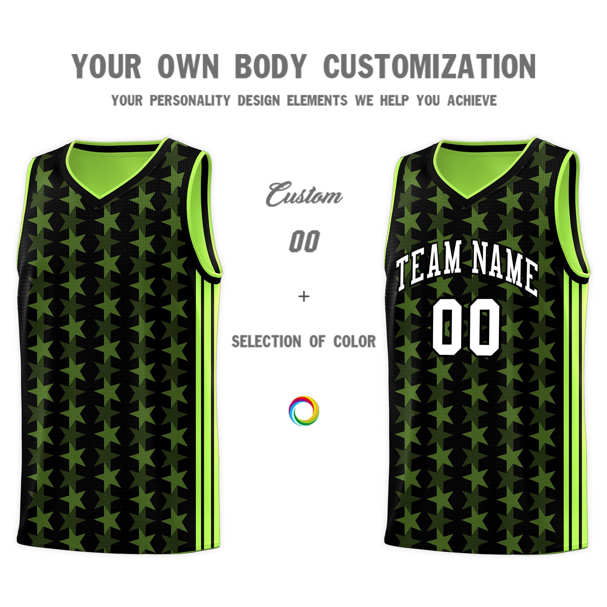 Custom Black Neon Green Star Graffiti Pattern Sets Sports Uniform Basketball Jersey