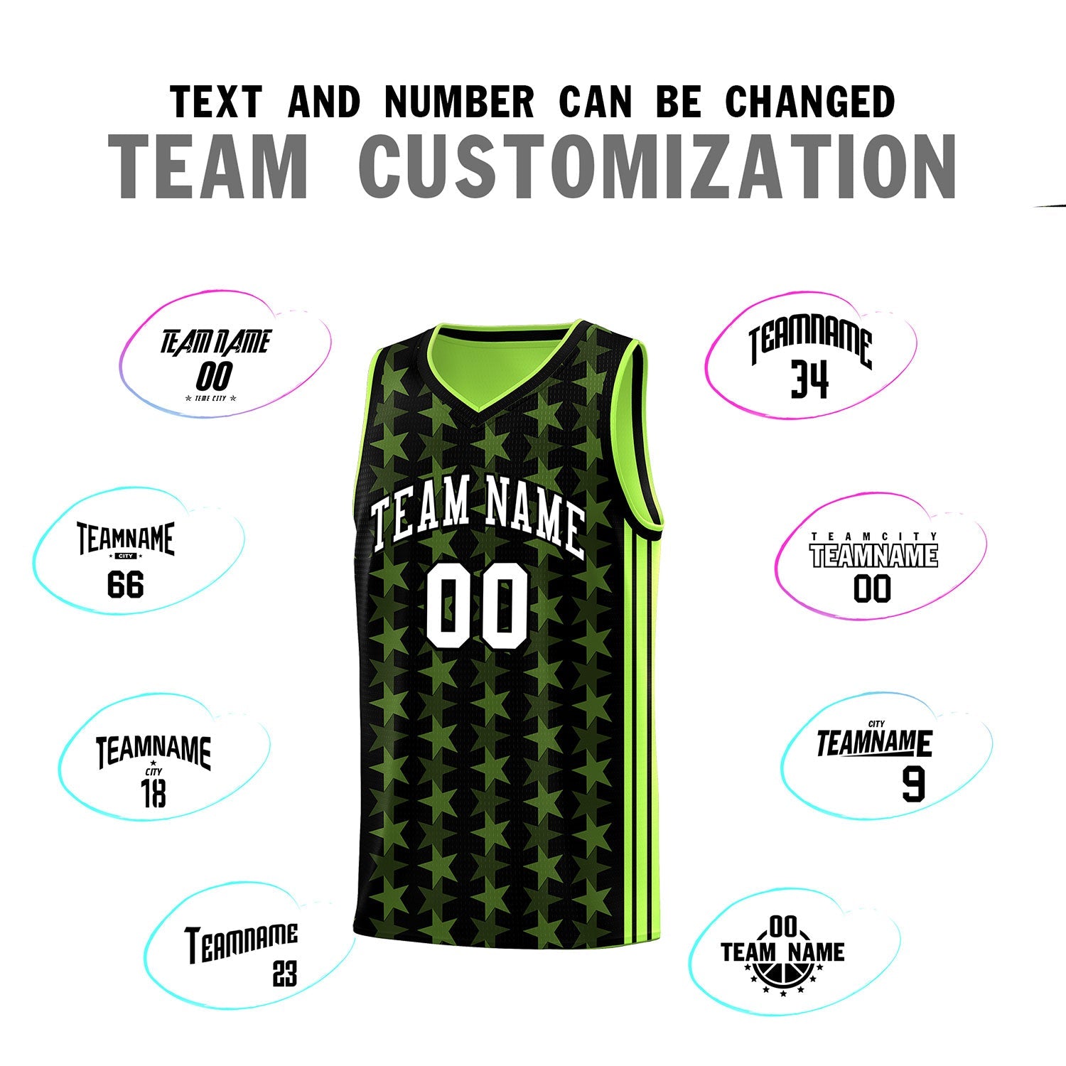 Custom Black Neon Green Star Graffiti Pattern Sets Sports Uniform Basketball Jersey